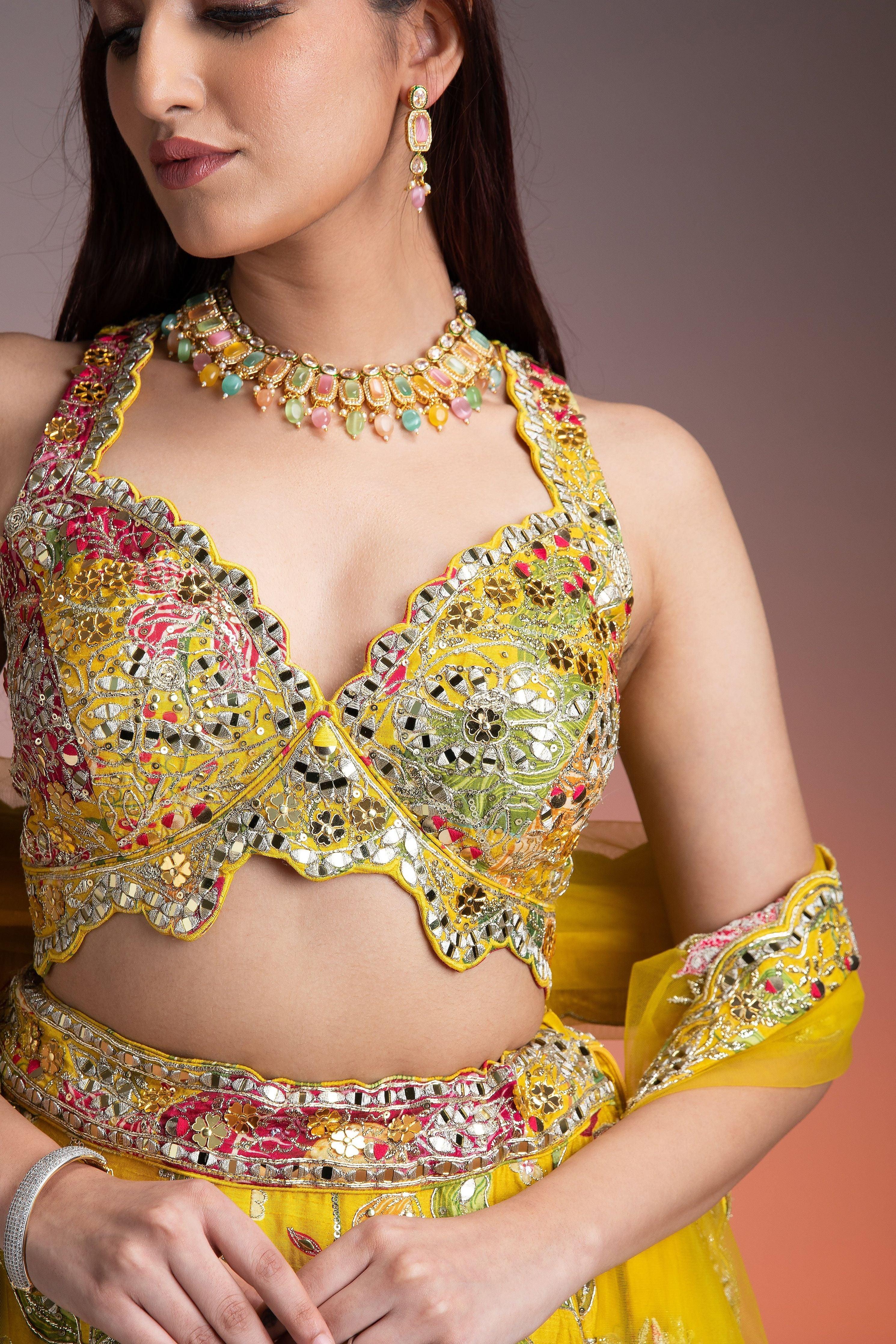 Bright Yellow Silk Lehenga With Multicolor Floral Print And Mirror Embellishments - Mokshaa
