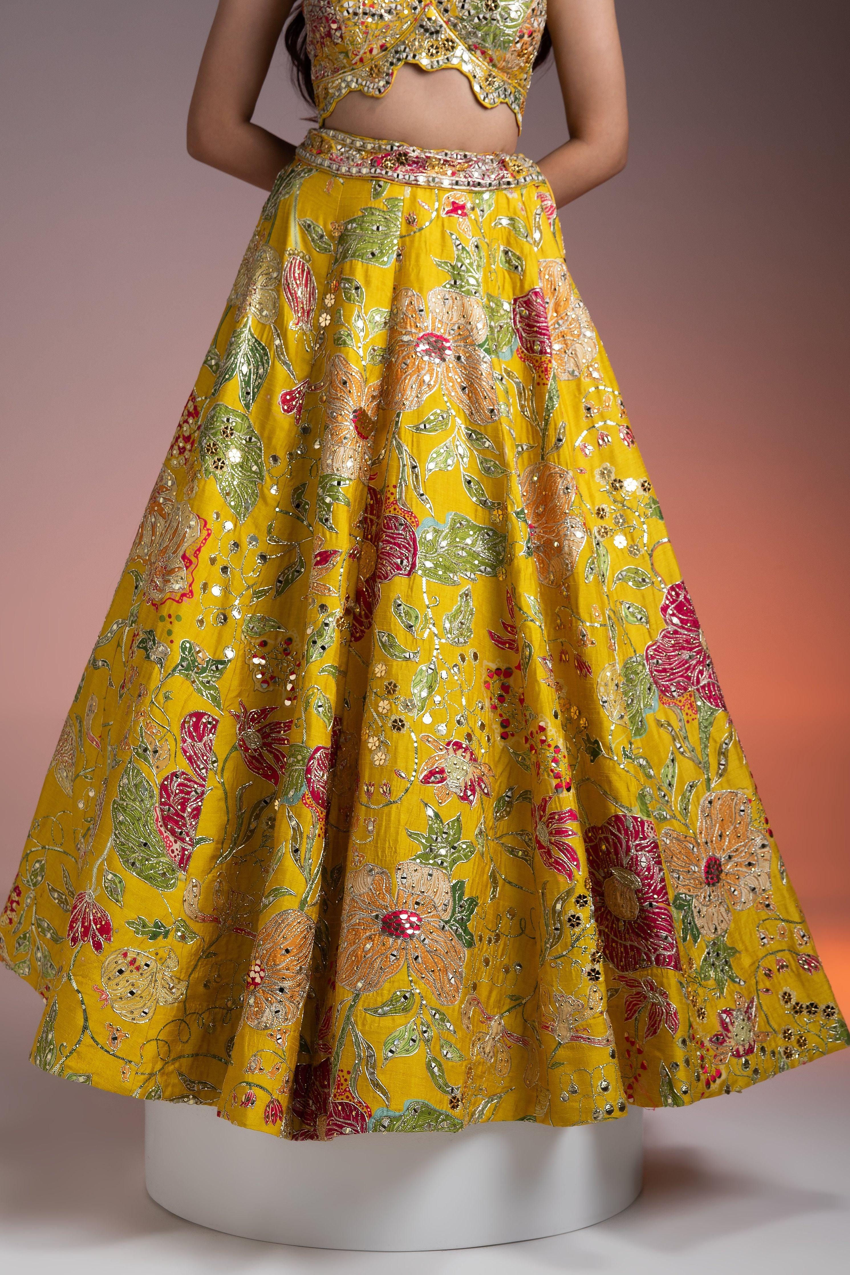 Bright Yellow Silk Lehenga With Multicolor Floral Print And Mirror Embellishments - Mokshaa
