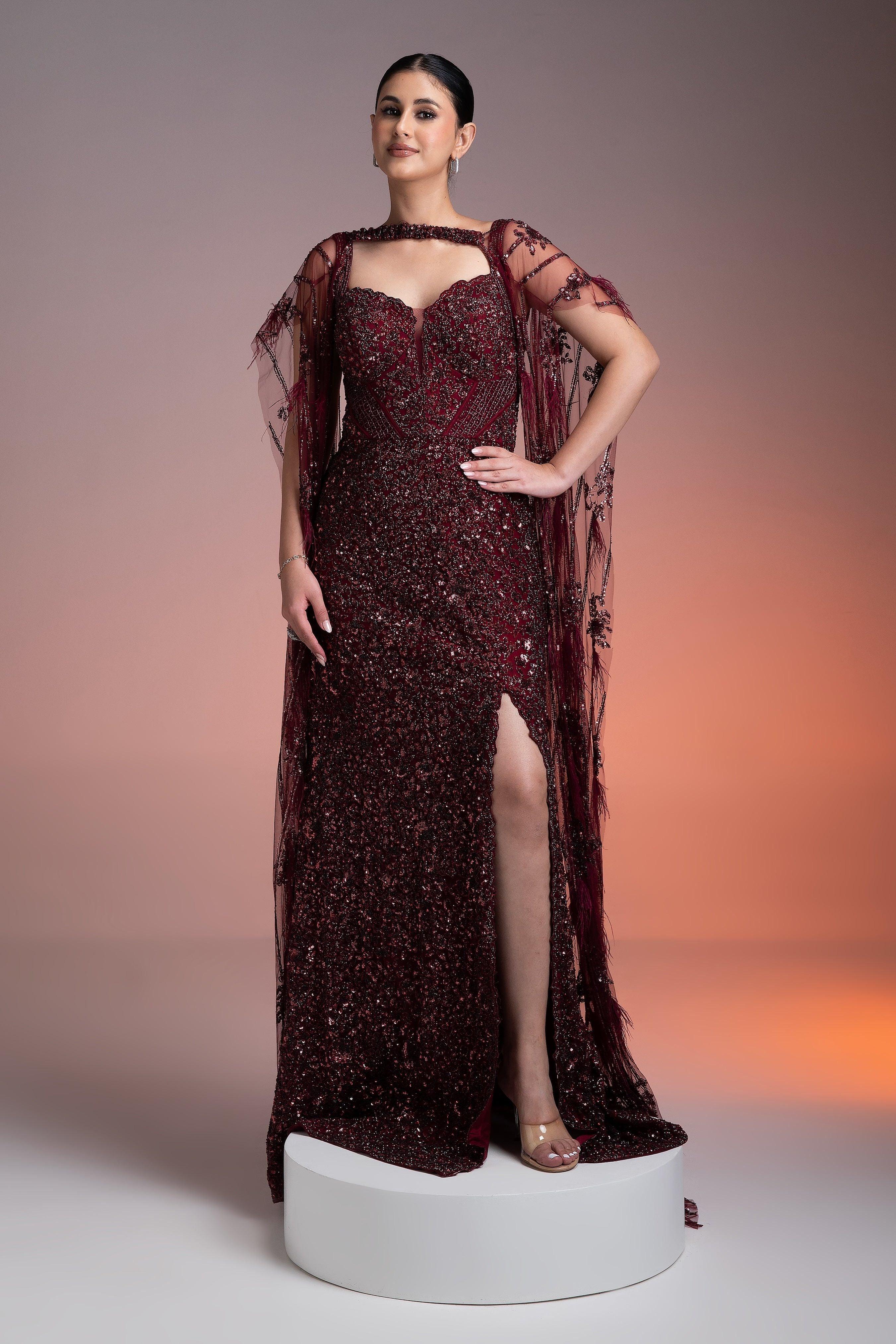 Maroon Sequined Gown With Sheer Cape - Mokshaa