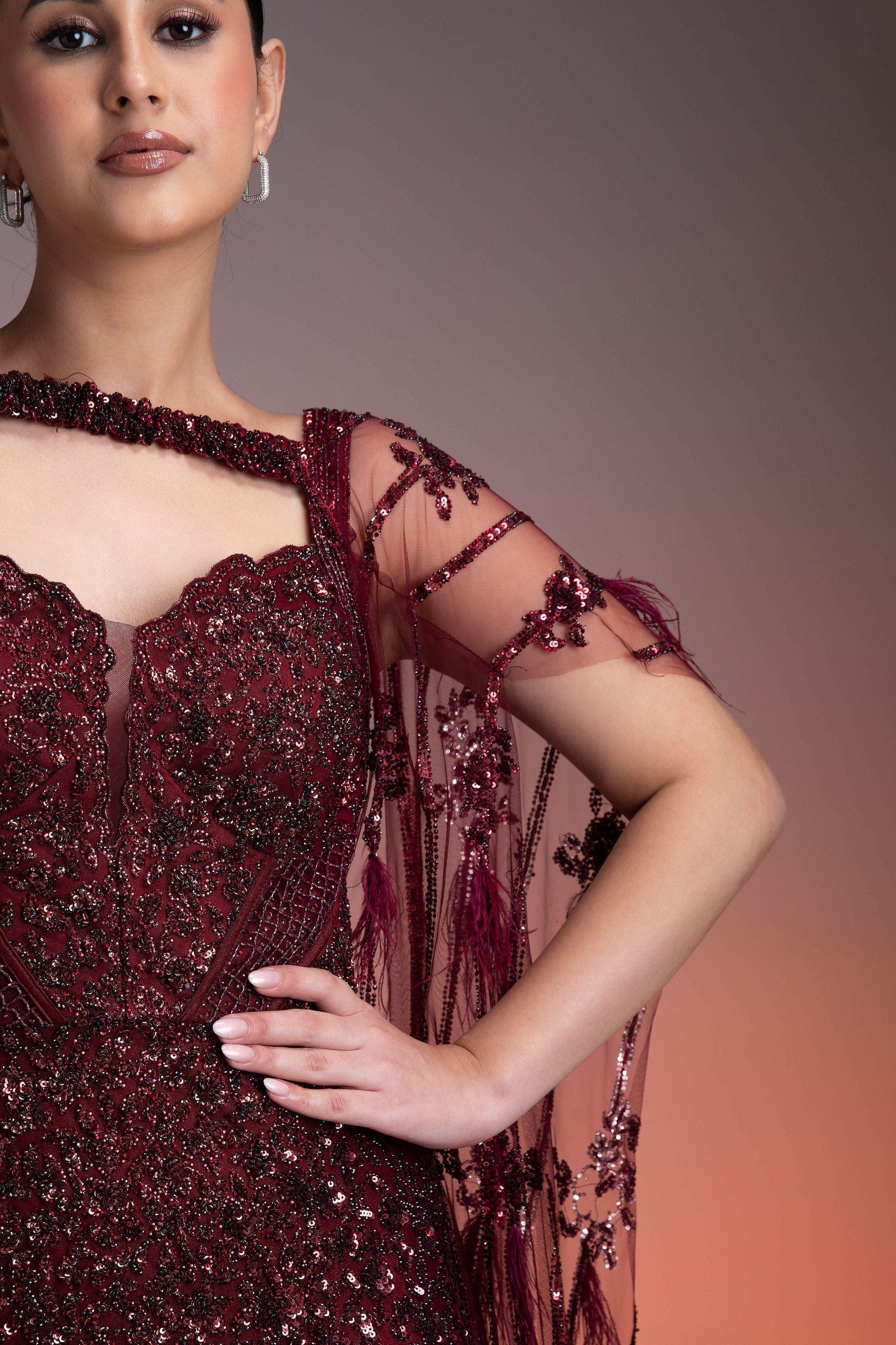 Maroon Sequined Gown With Sheer Cape - Mokshaa