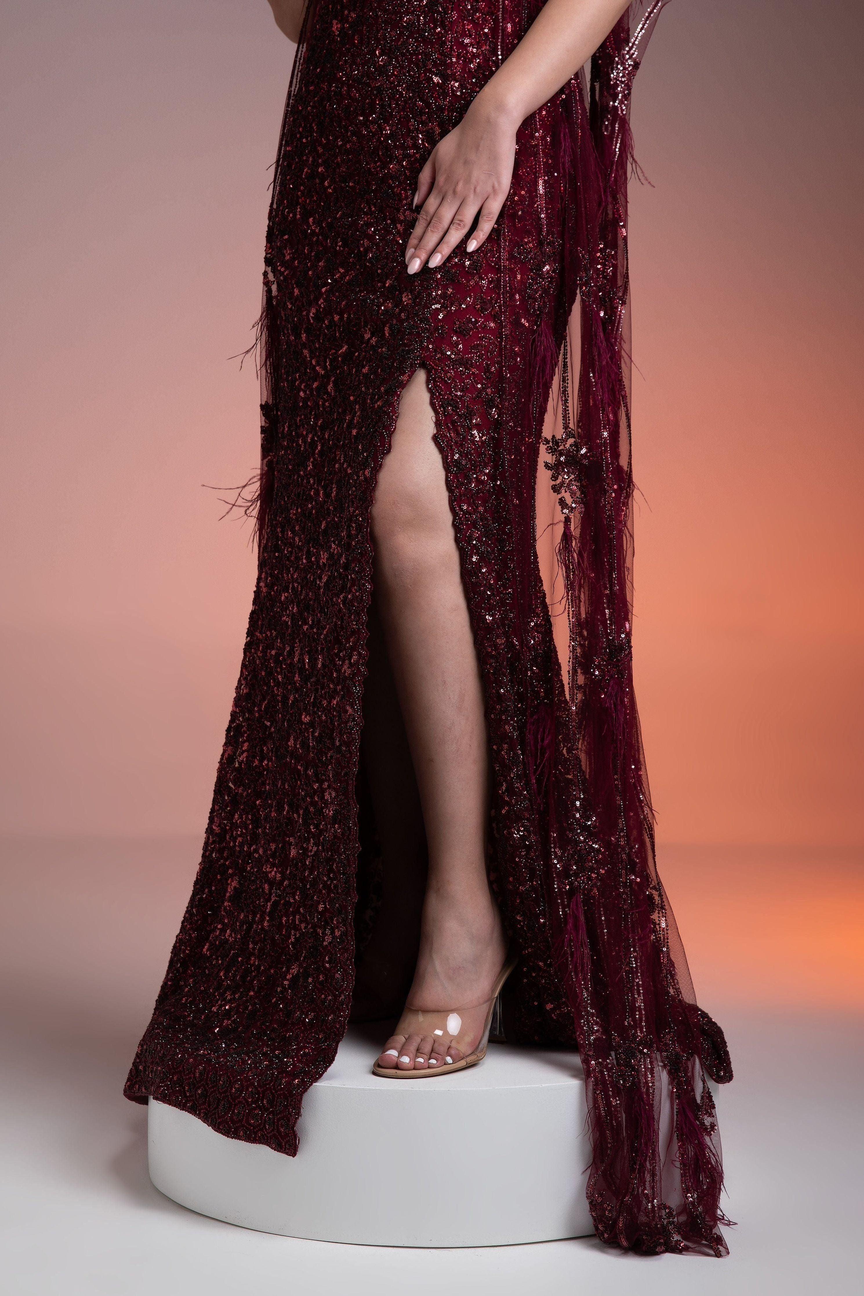 Maroon Sequined Gown With Sheer Cape - Mokshaa
