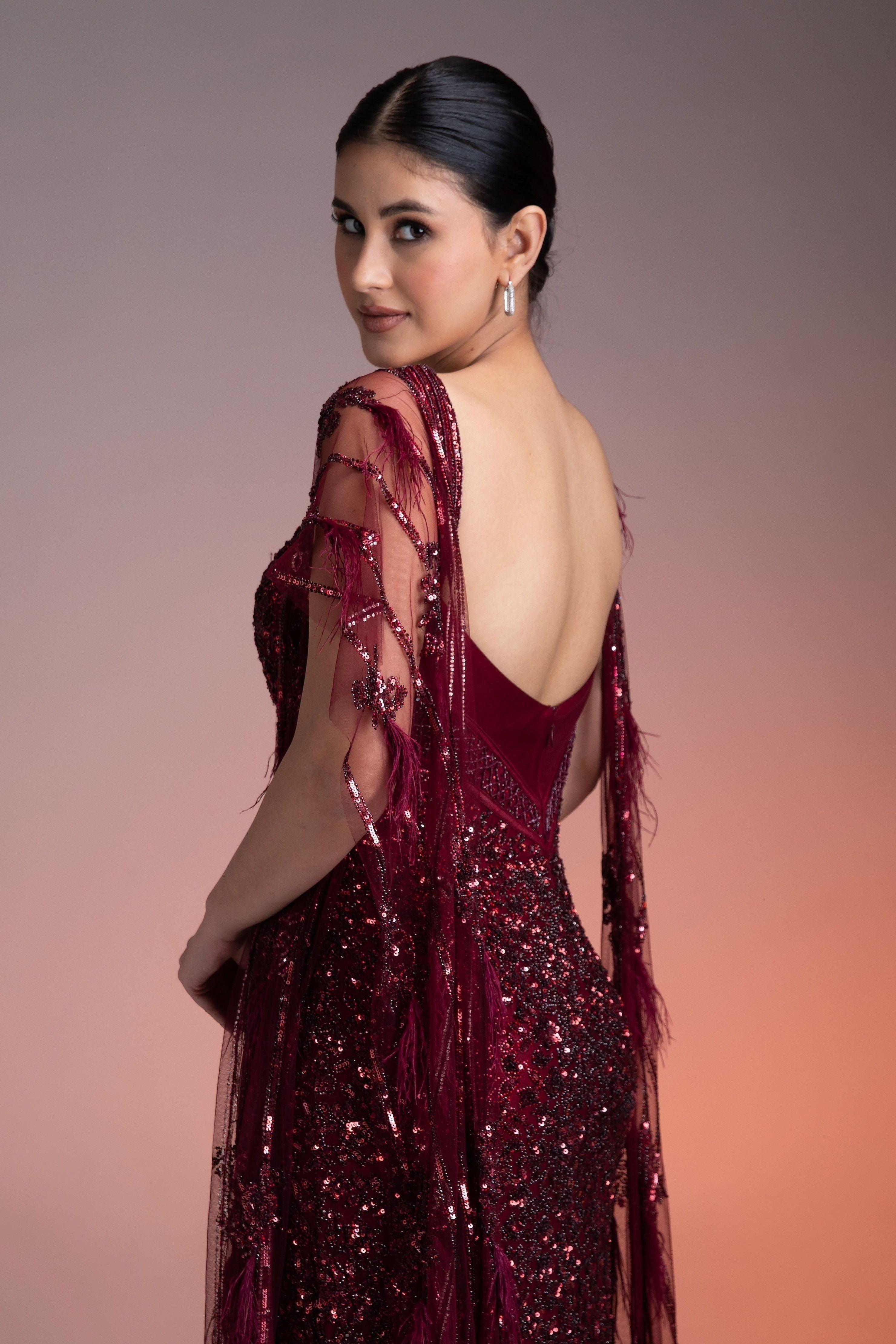 Maroon Sequined Gown With Sheer Cape - Mokshaa