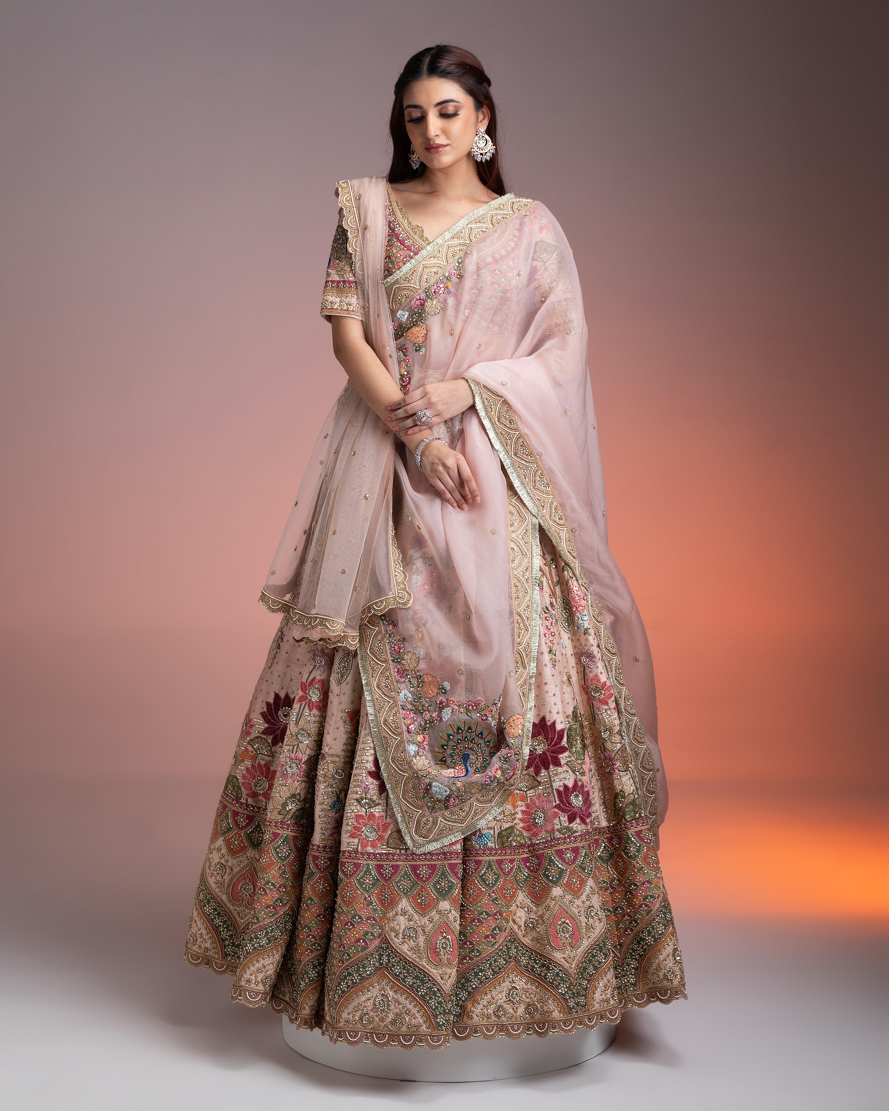 Light Peach Raw Silk Lehenga Set - Mokshaa