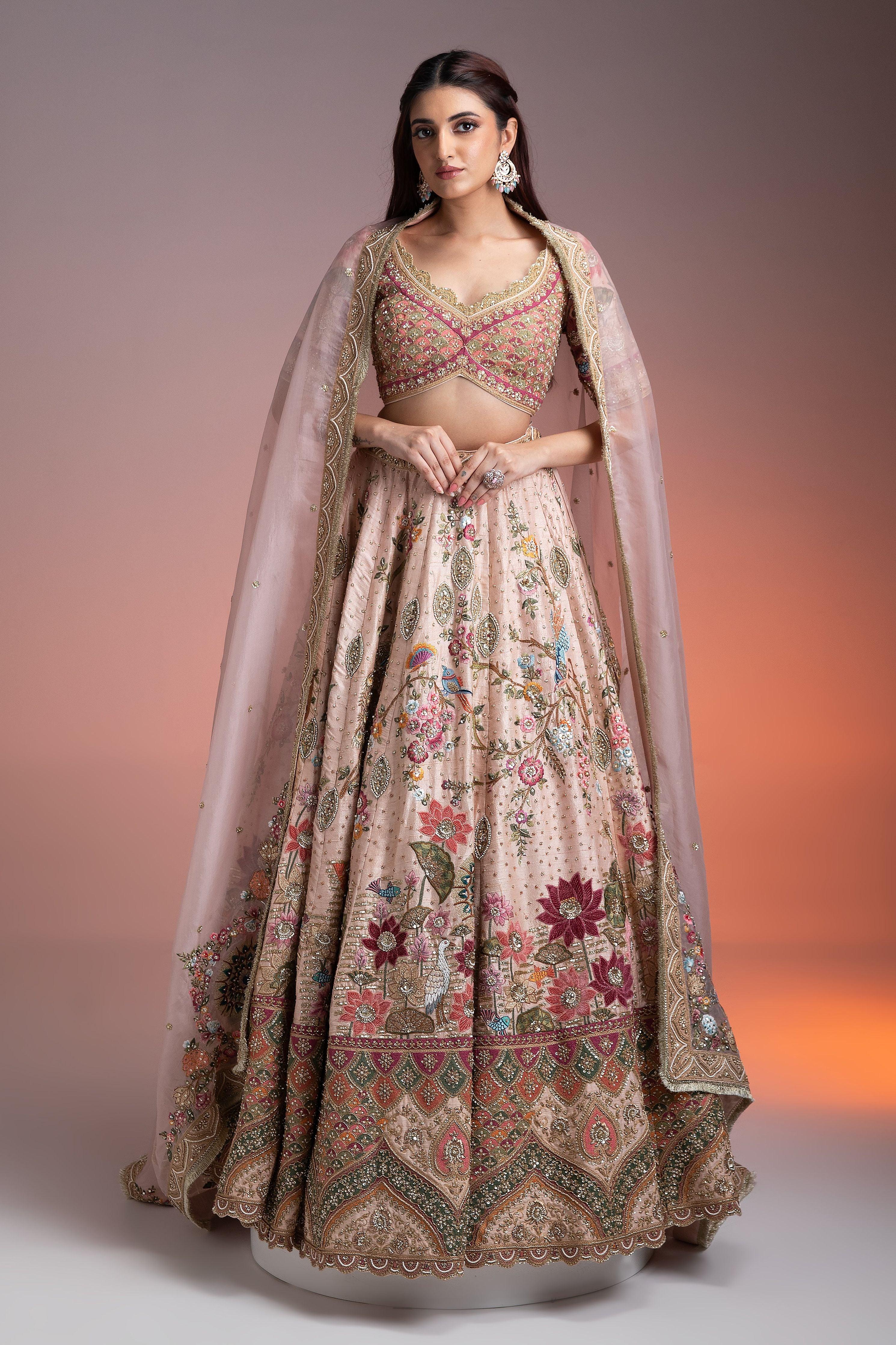 Light Peach Raw Silk Lehenga Set - Mokshaa