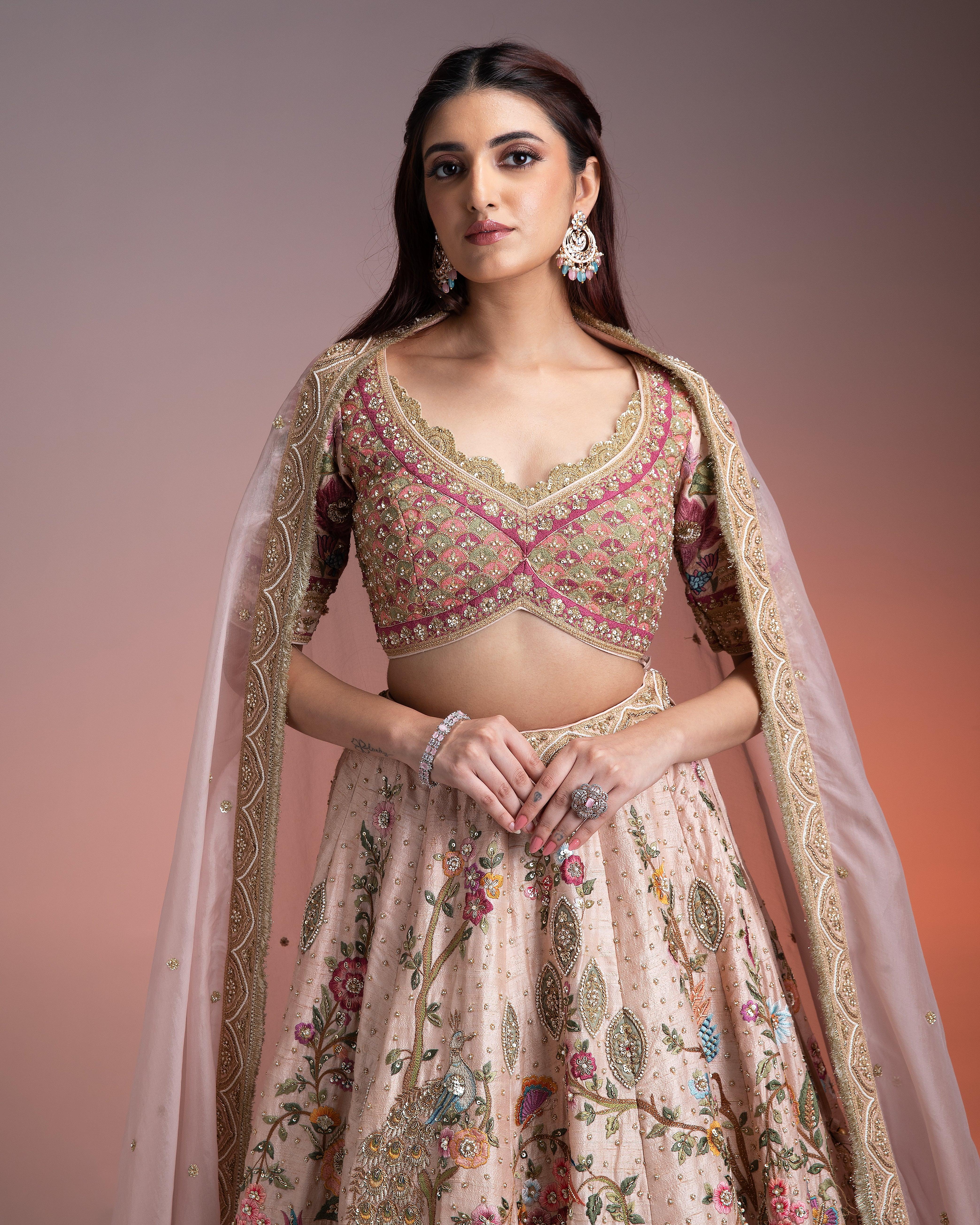 Light Peach Raw Silk Lehenga Set - Mokshaa