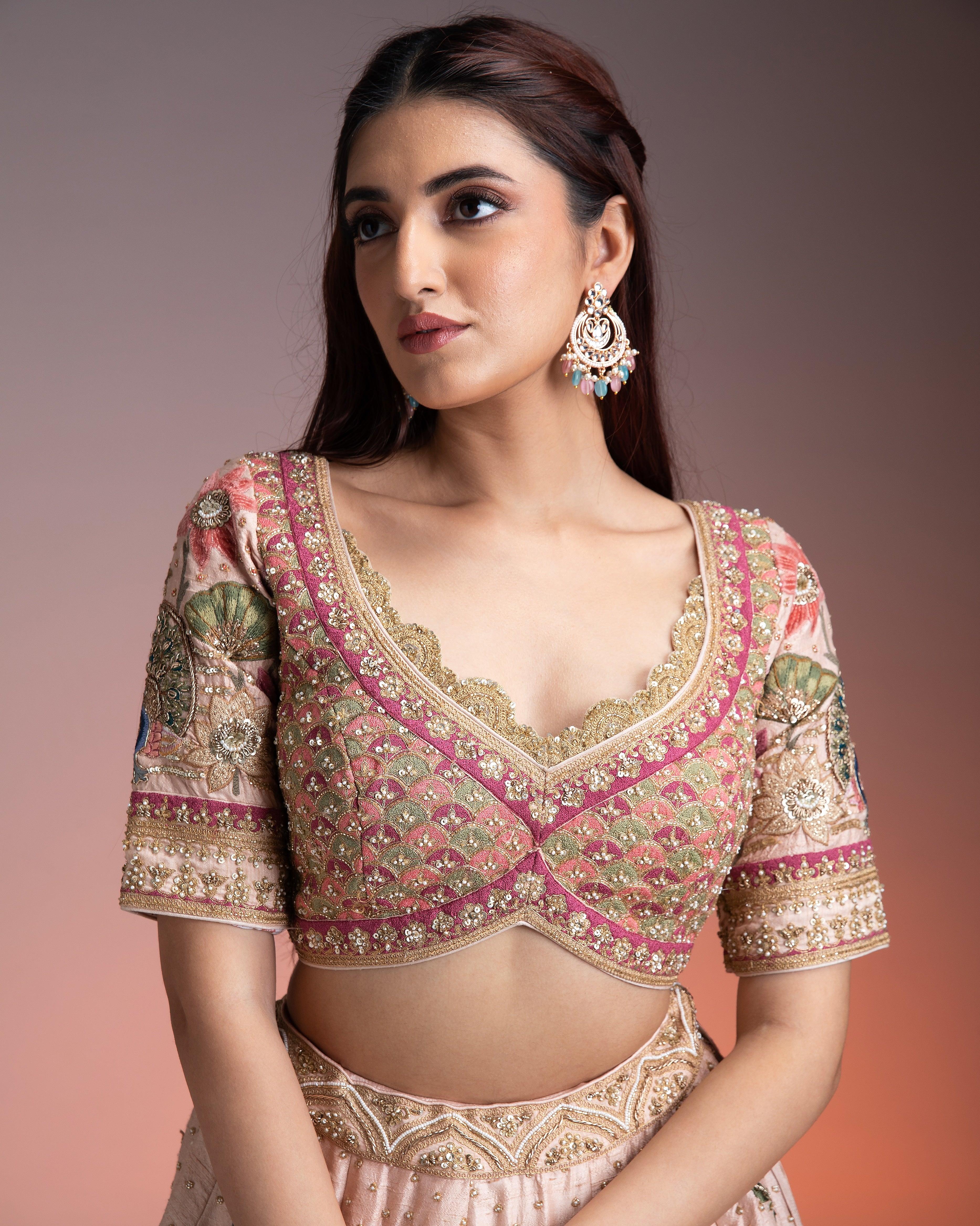 Light Peach Raw Silk Lehenga Set - Mokshaa