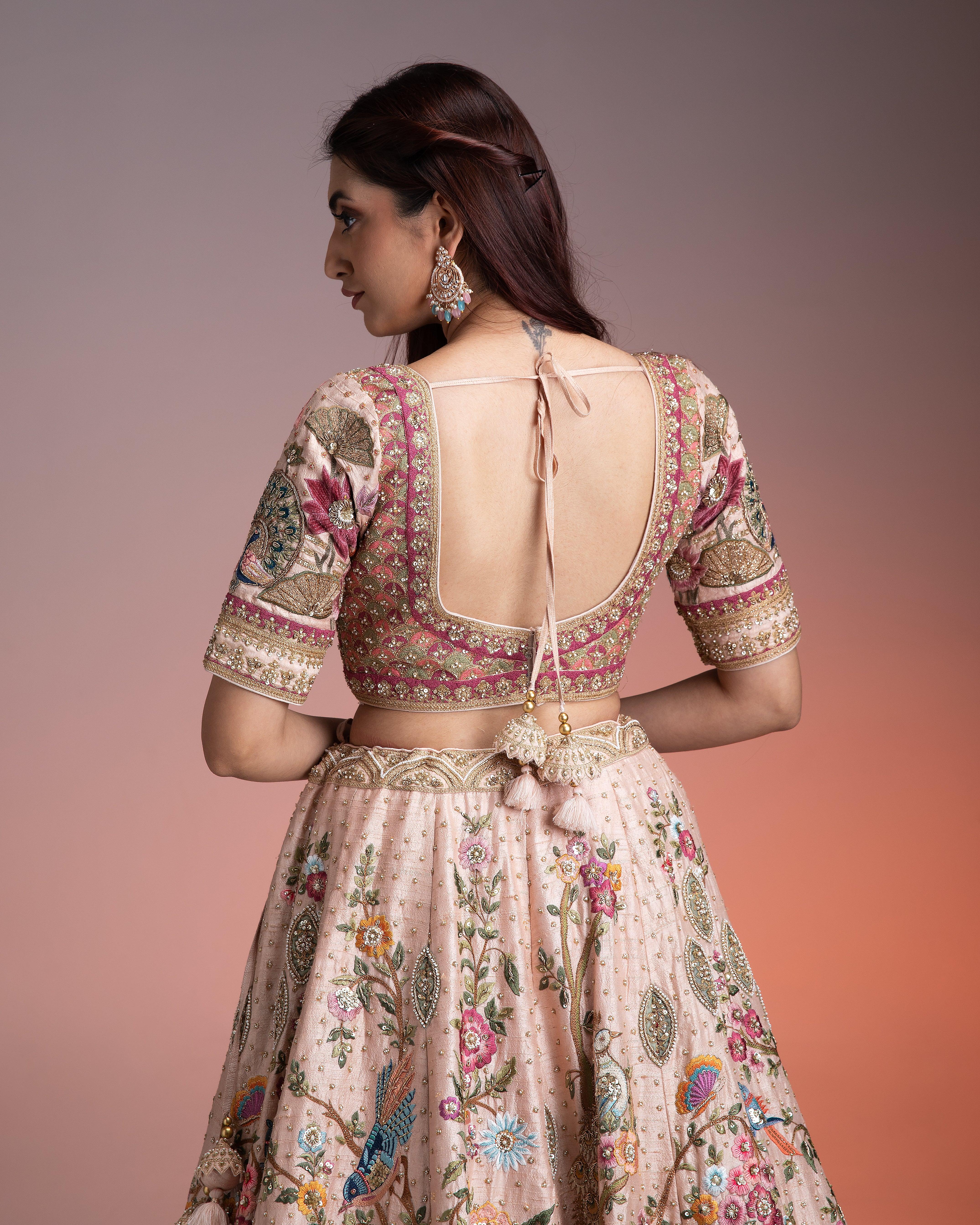 Light Peach Raw Silk Lehenga Set - Mokshaa