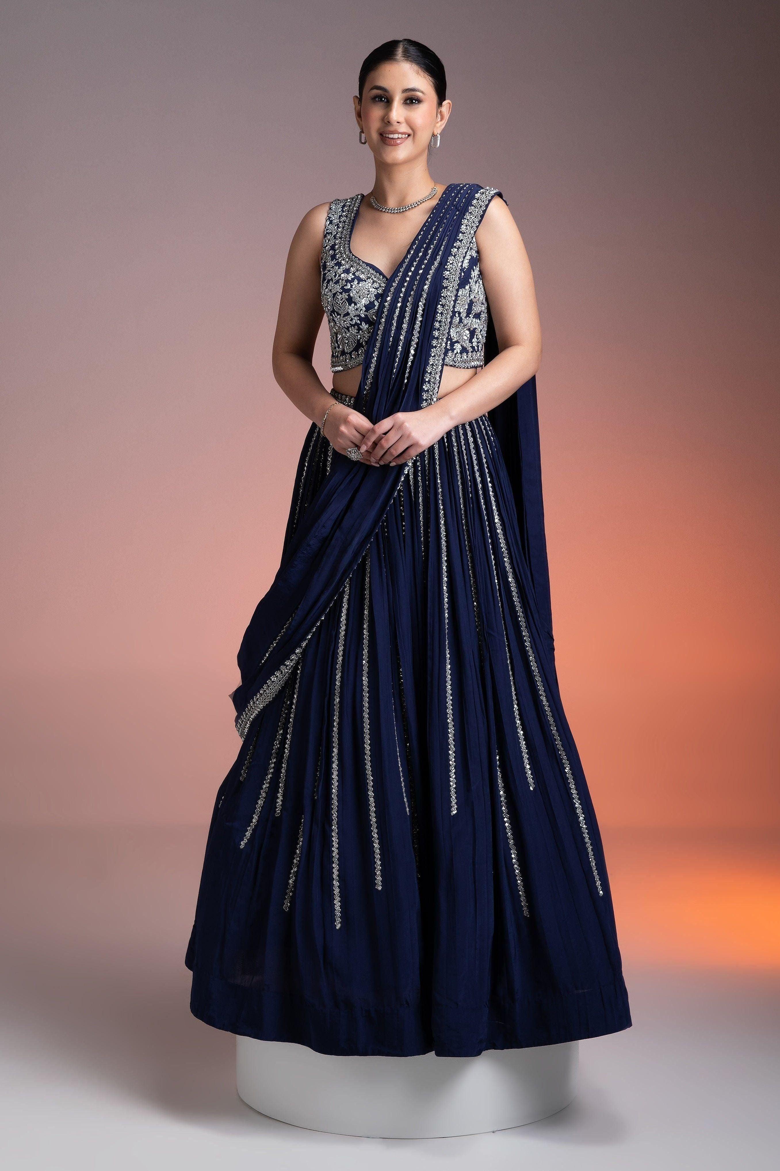 Navy Blue Satin Silk Lehenga Set With Silver Threadwork And Sequins - Mokshaa