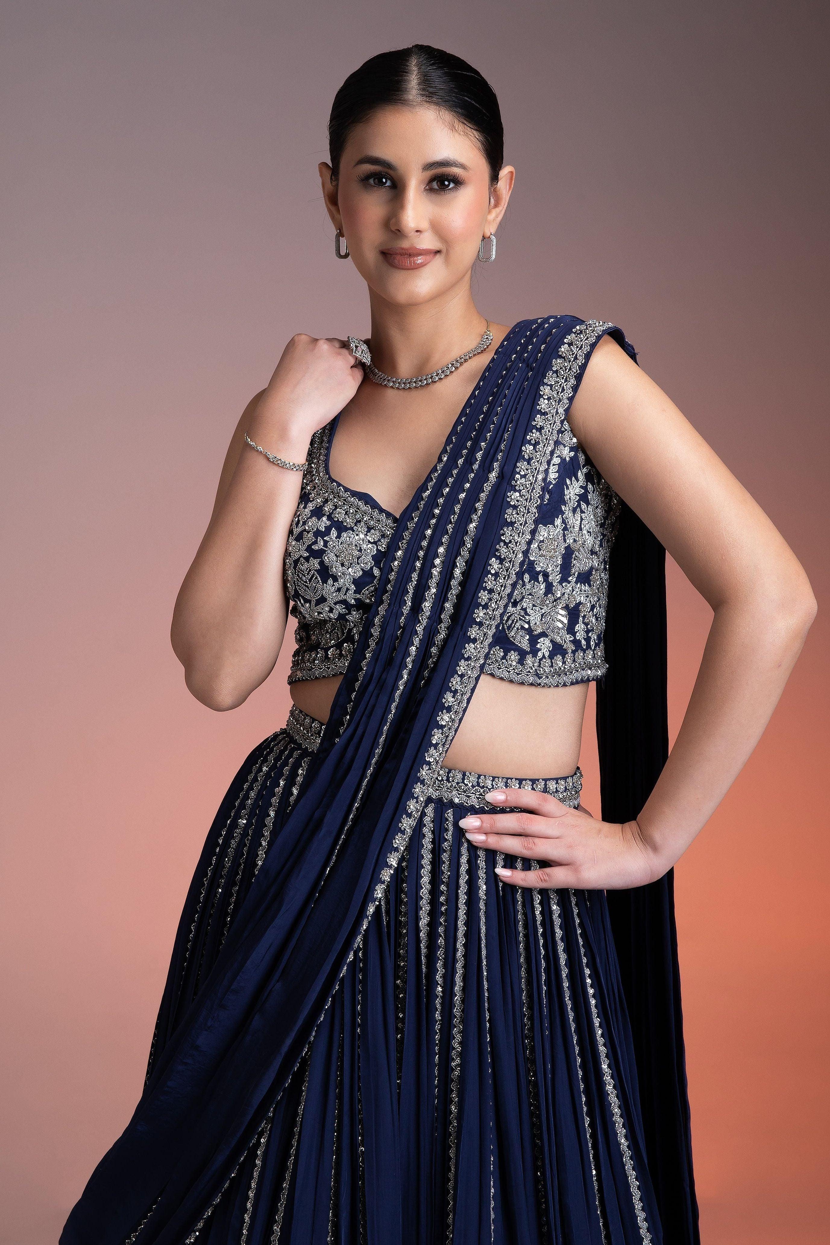 Navy Blue Satin Silk Lehenga Set With Silver Threadwork And Sequins - Mokshaa