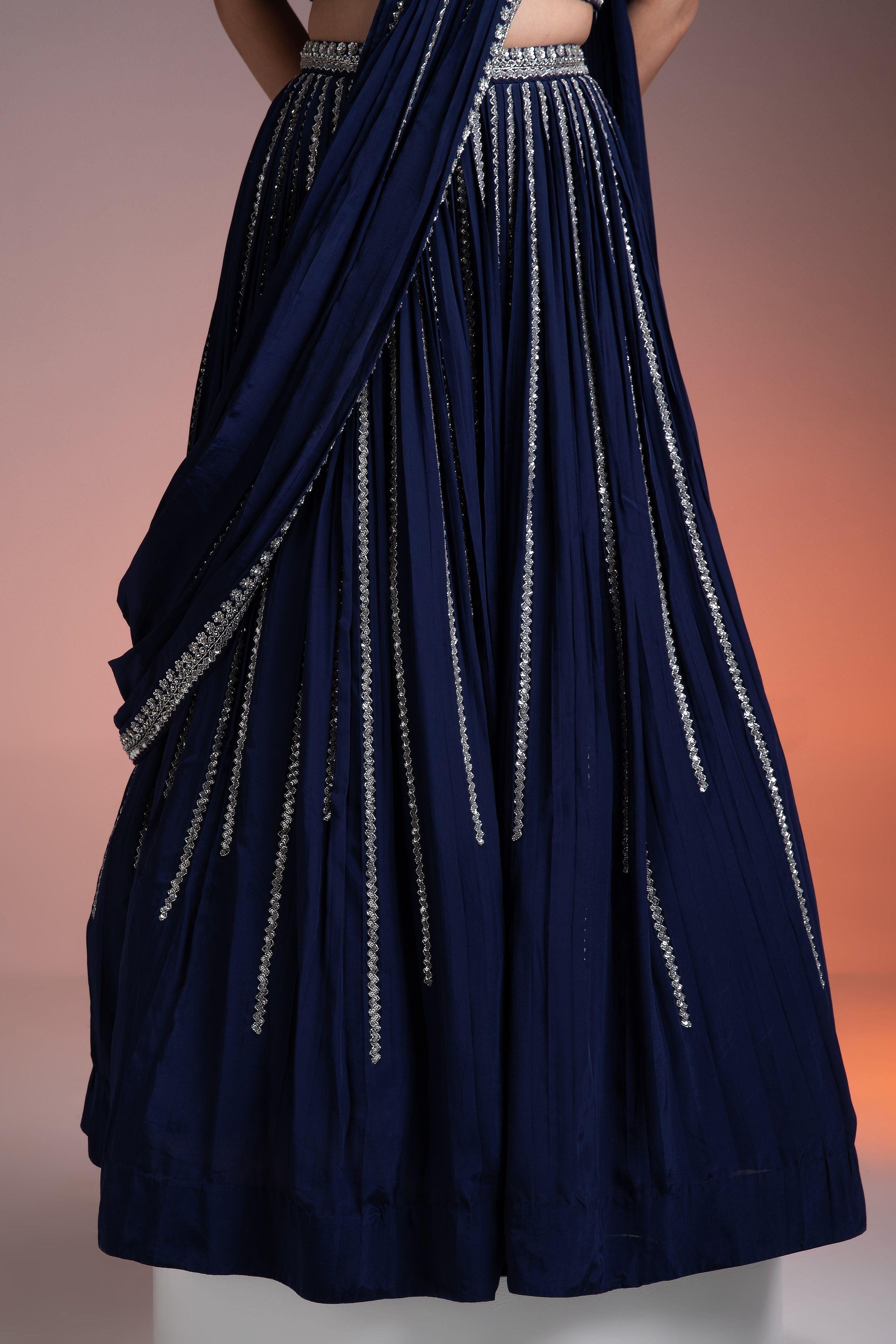 Navy Blue Satin Silk Lehenga Set With Silver Threadwork And Sequins - Mokshaa