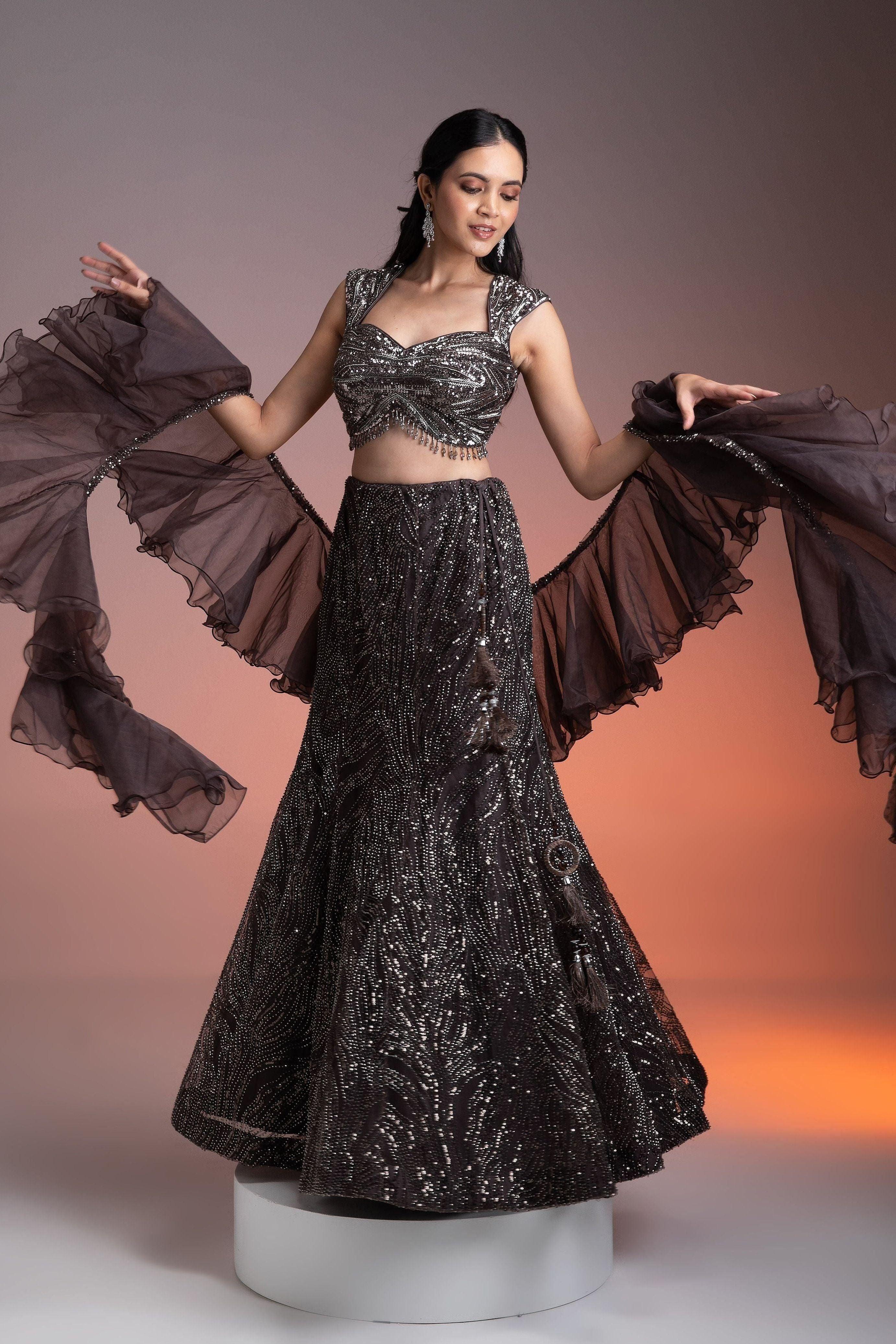 Charcoal Brown Net Skirt Set With Sequins And Beadwork - Mokshaa