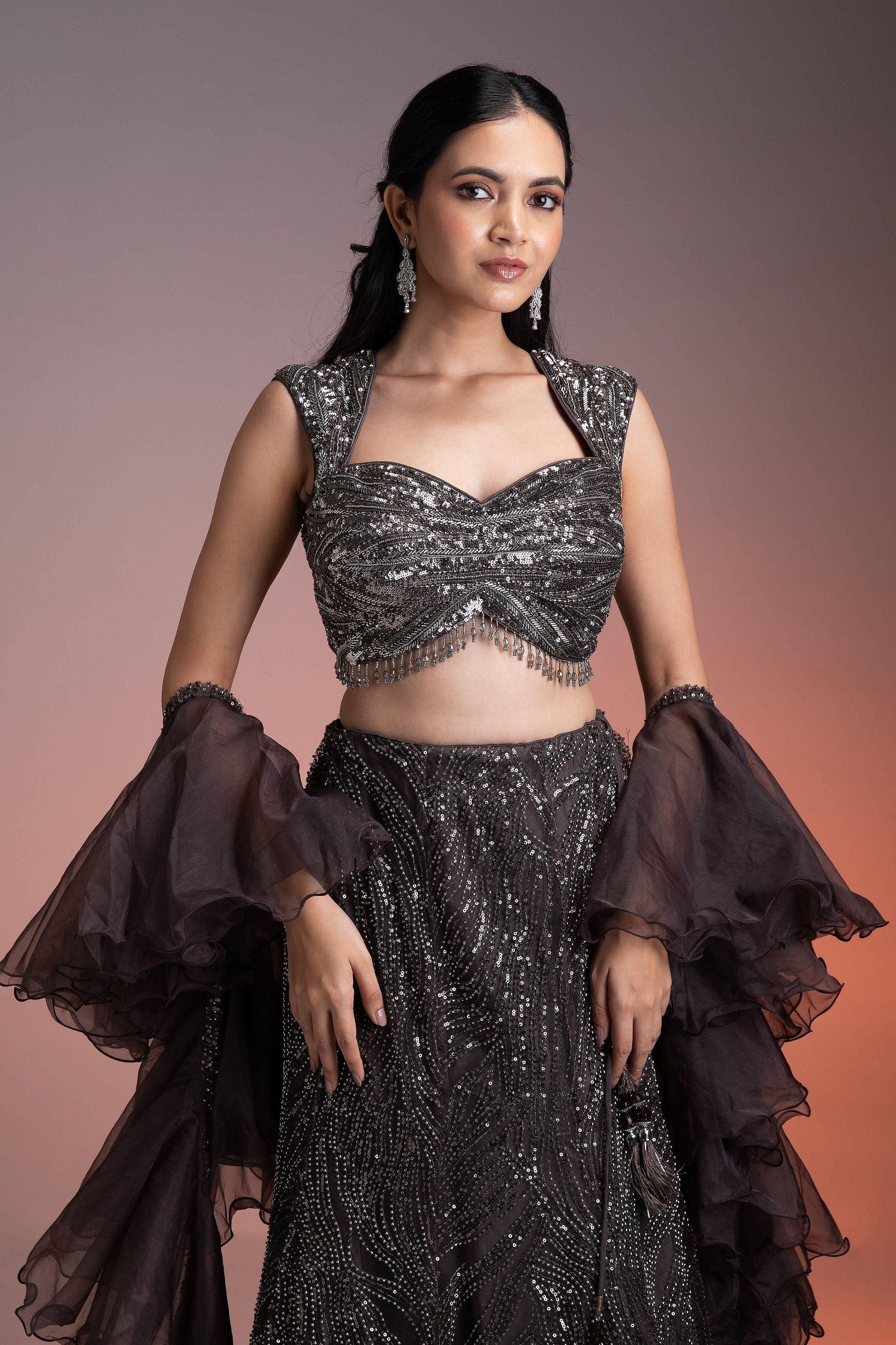 Charcoal Brown Net Skirt Set With Sequins And Beadwork - Mokshaa