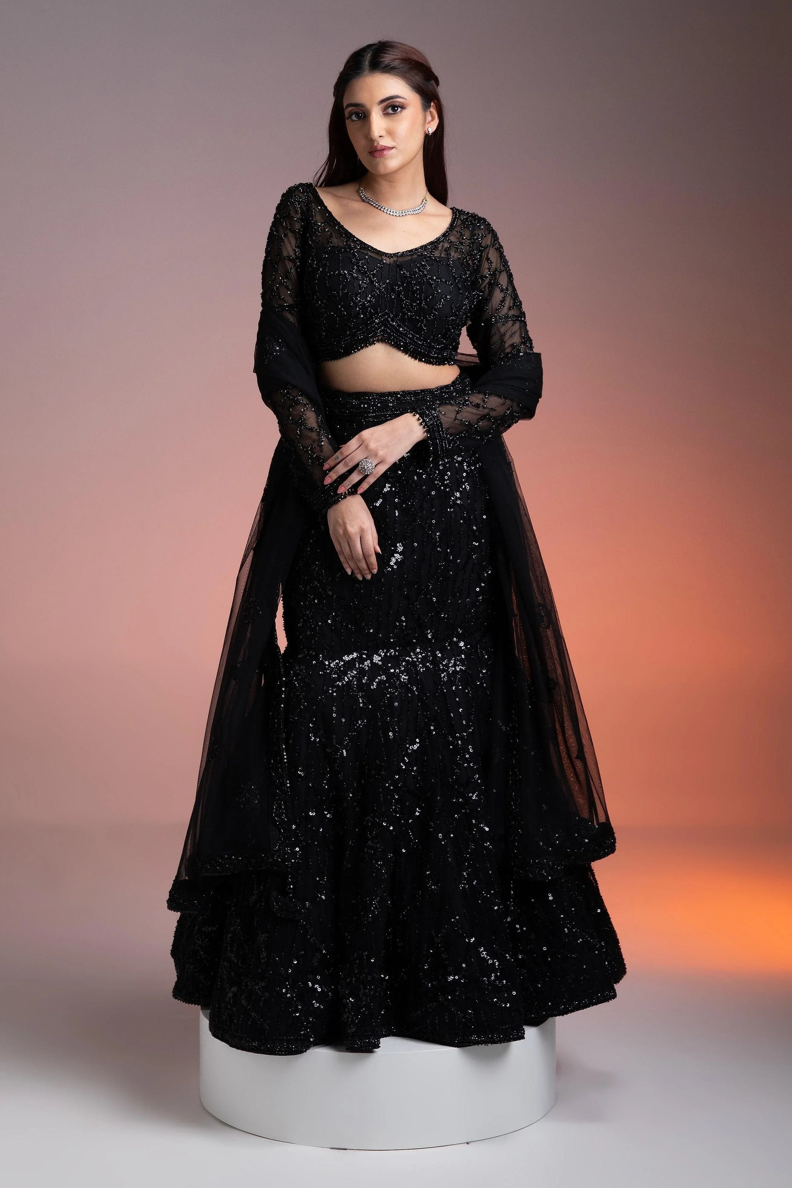 Black Lehenga Set With Sequins And Beadwork - Mokshaa