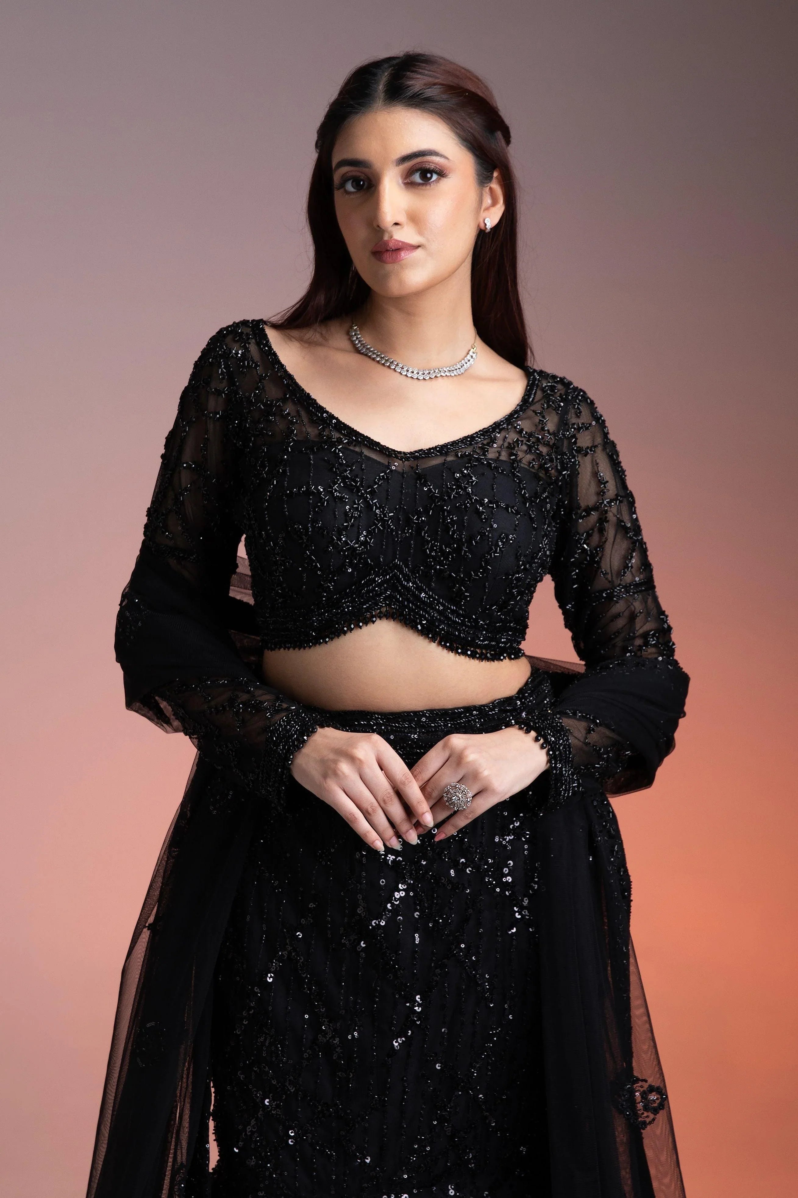 Black Lehenga Set With Sequins And Beadwork - Mokshaa