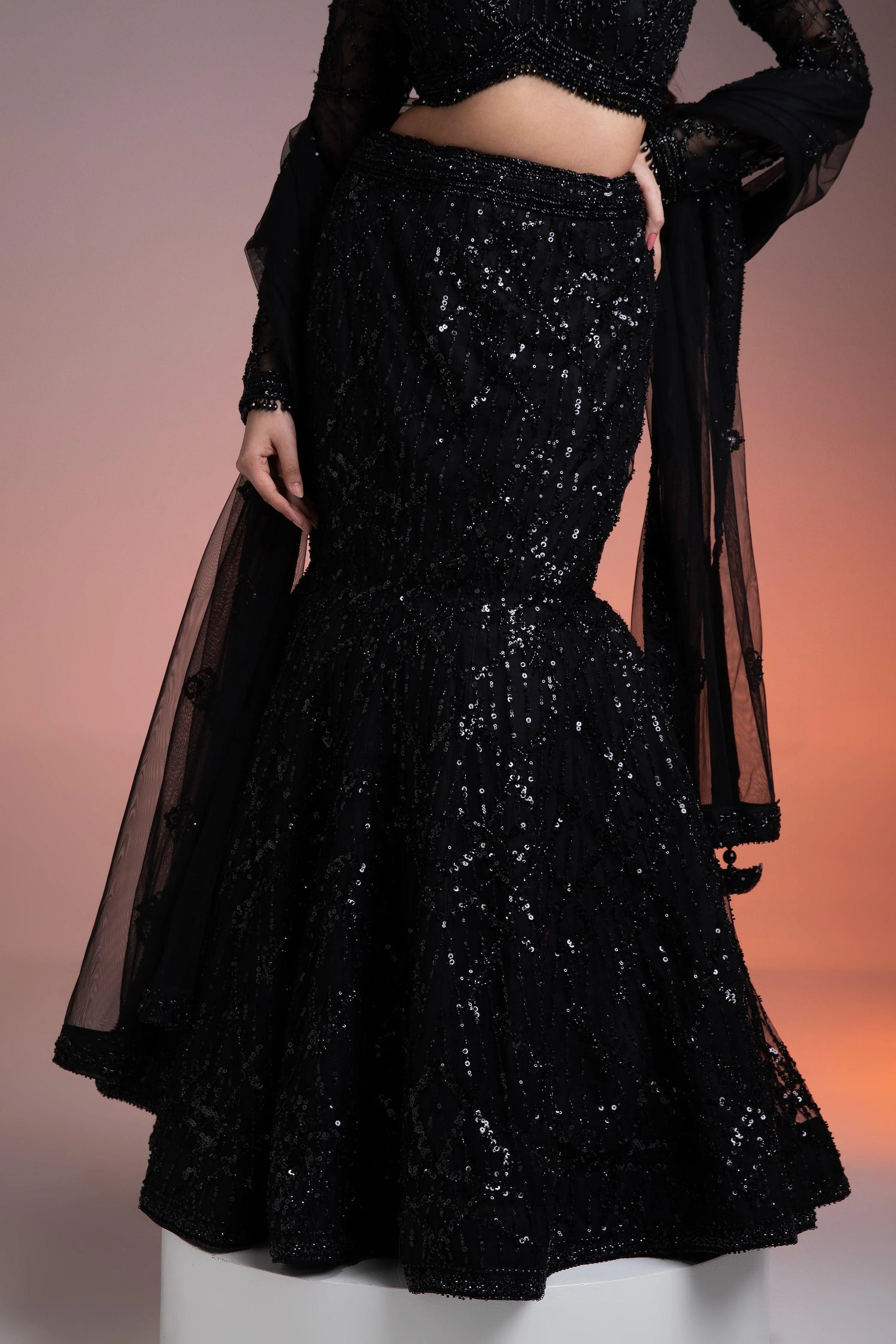 Black Lehenga Set With Sequins And Beadwork - Mokshaa