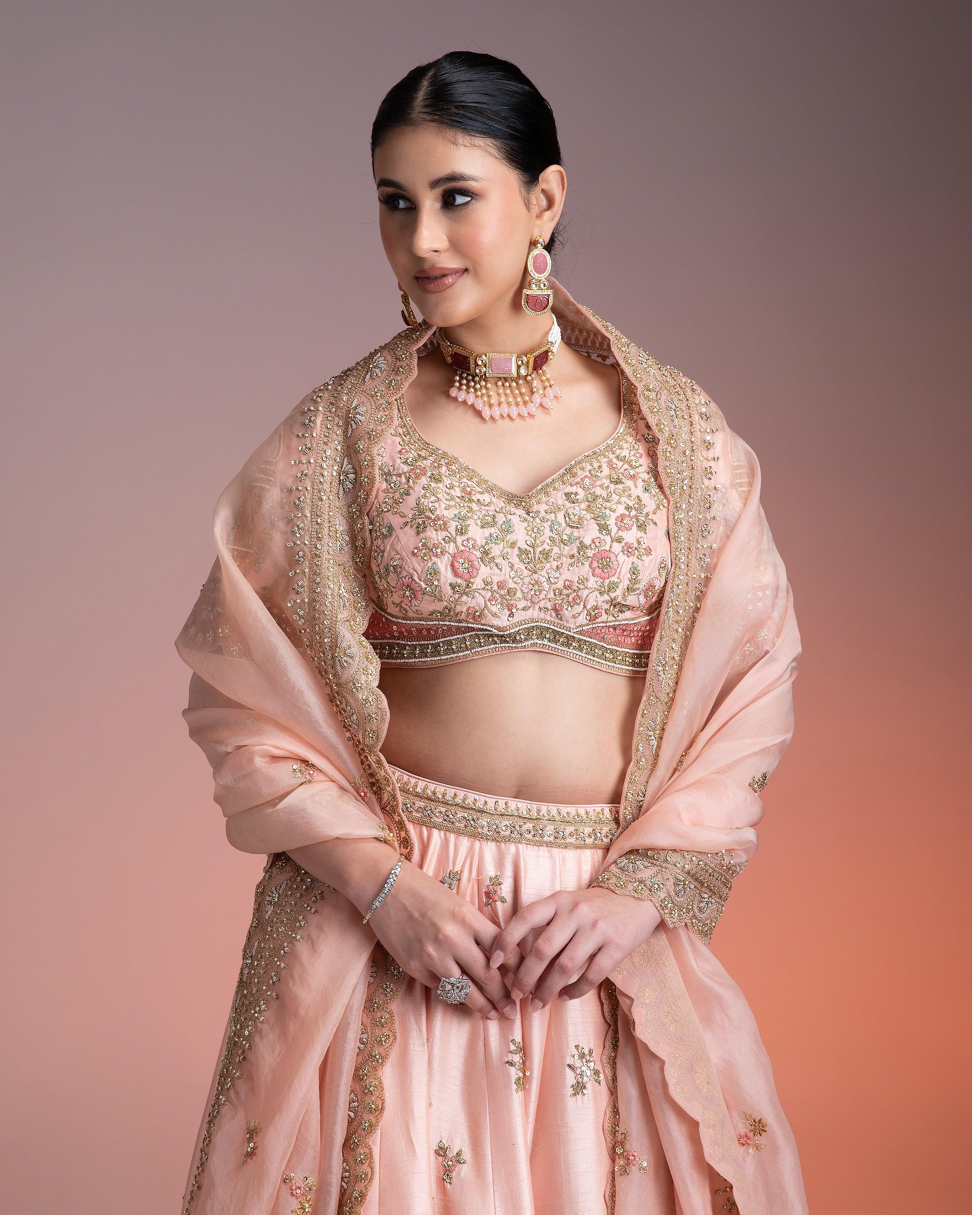 Pastel Pink Silk Lehenga Set With Threadwork And Zari Detailing - Mokshaa