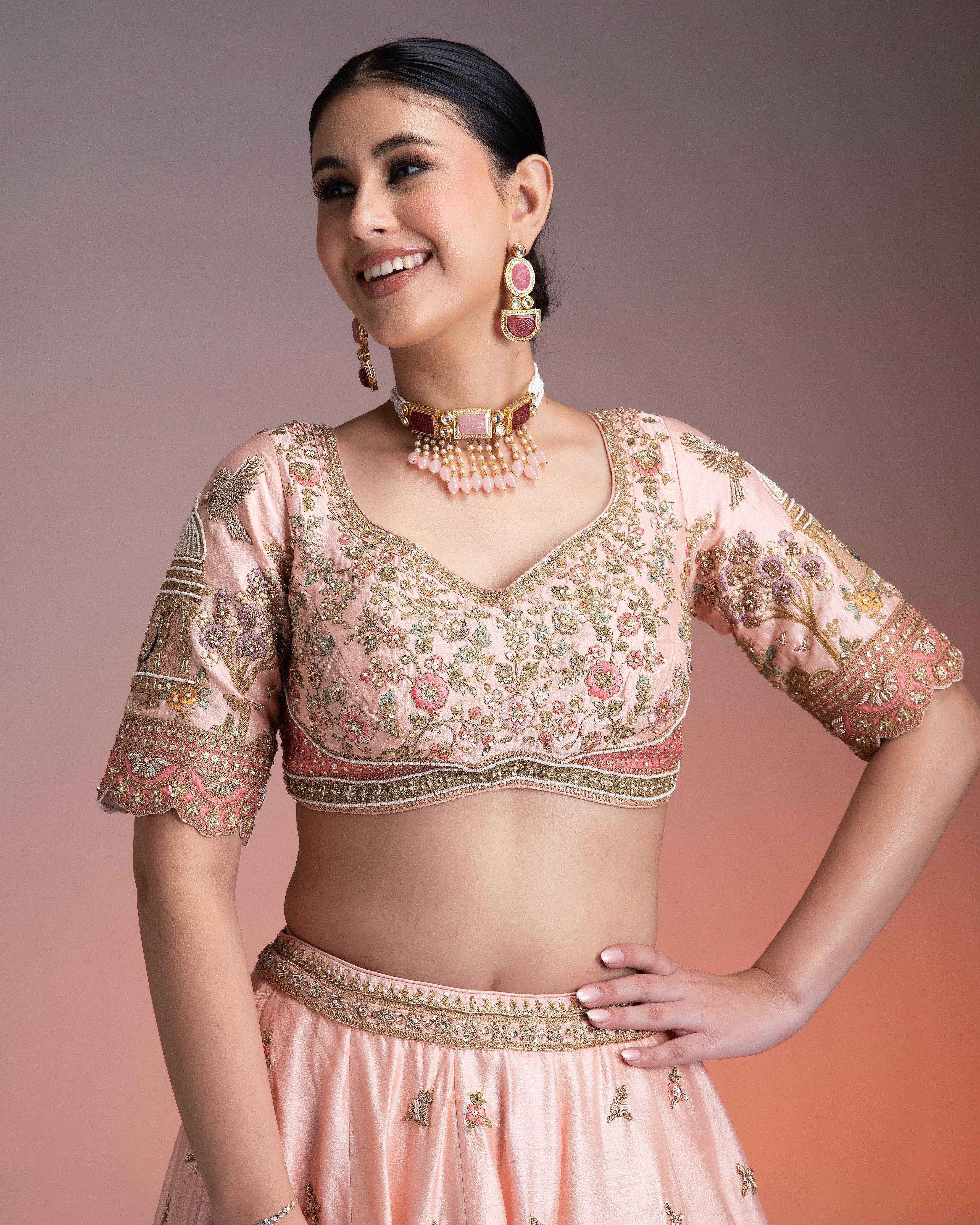 Pastel Pink Silk Lehenga Set With Threadwork And Zari Detailing - Mokshaa