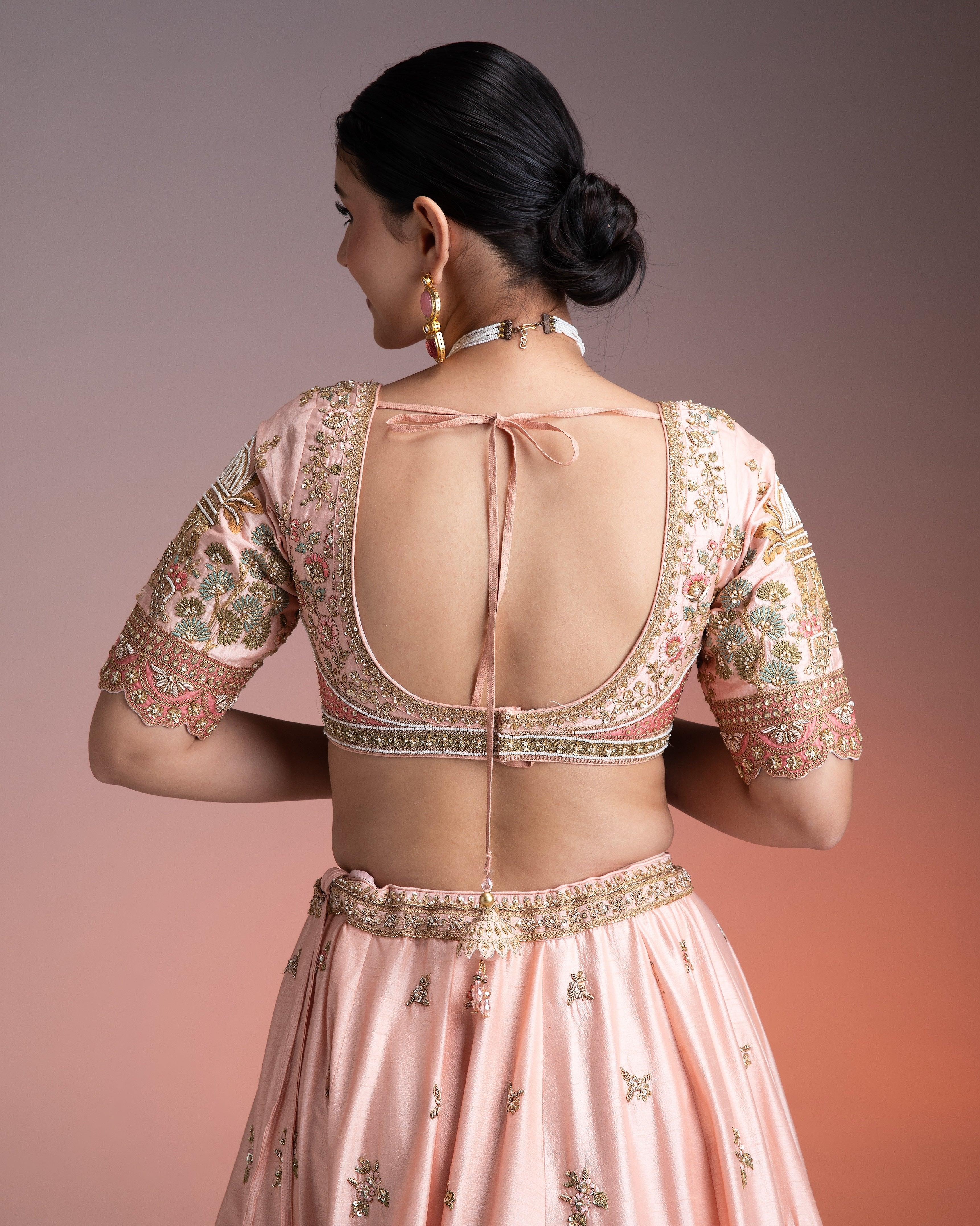 Pastel Pink Silk Lehenga Set With Threadwork And Zari Detailing - Mokshaa