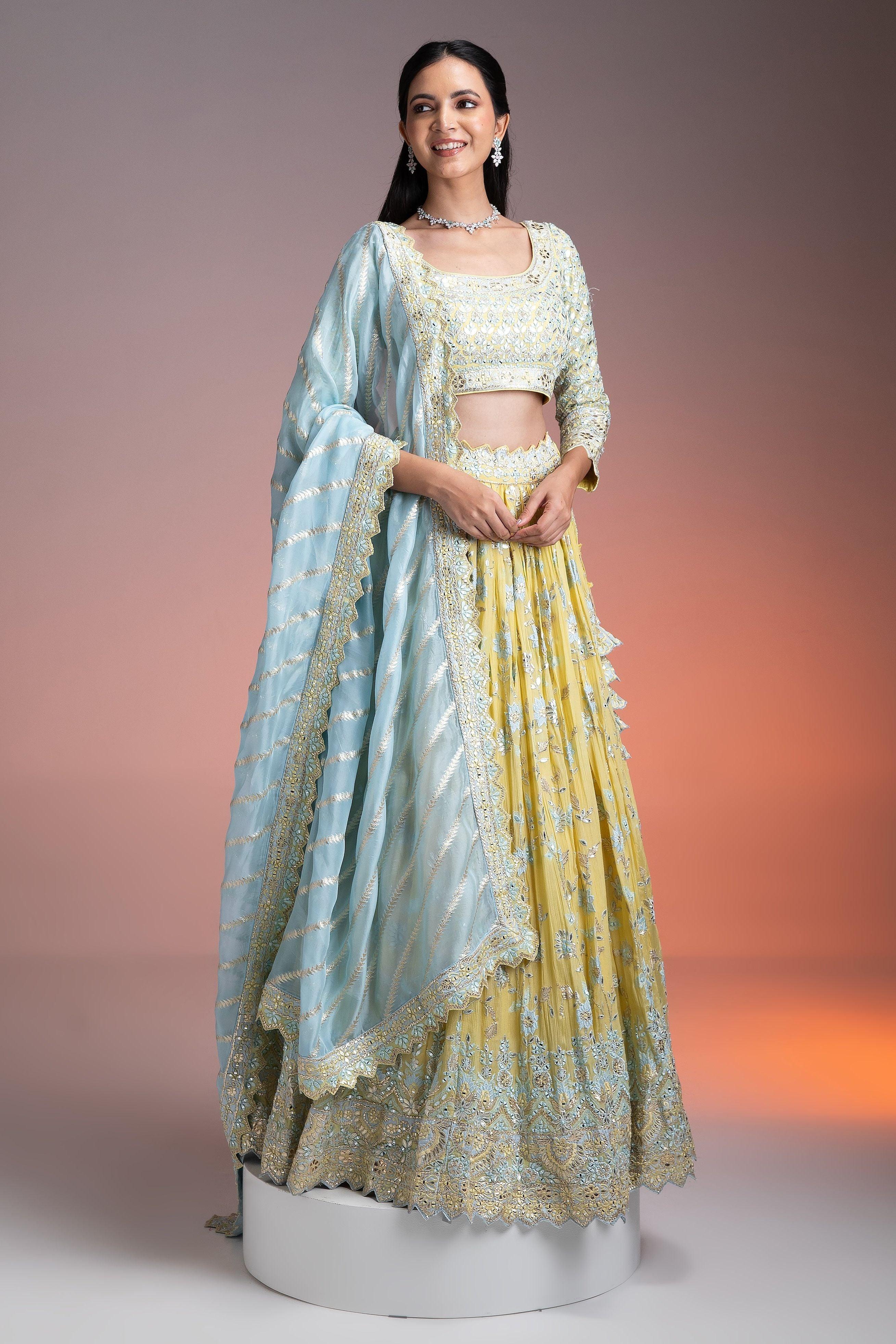 Pastel Yellow Crushed Georgette Lehenga Set With Mirror Embroidery - Mokshaa