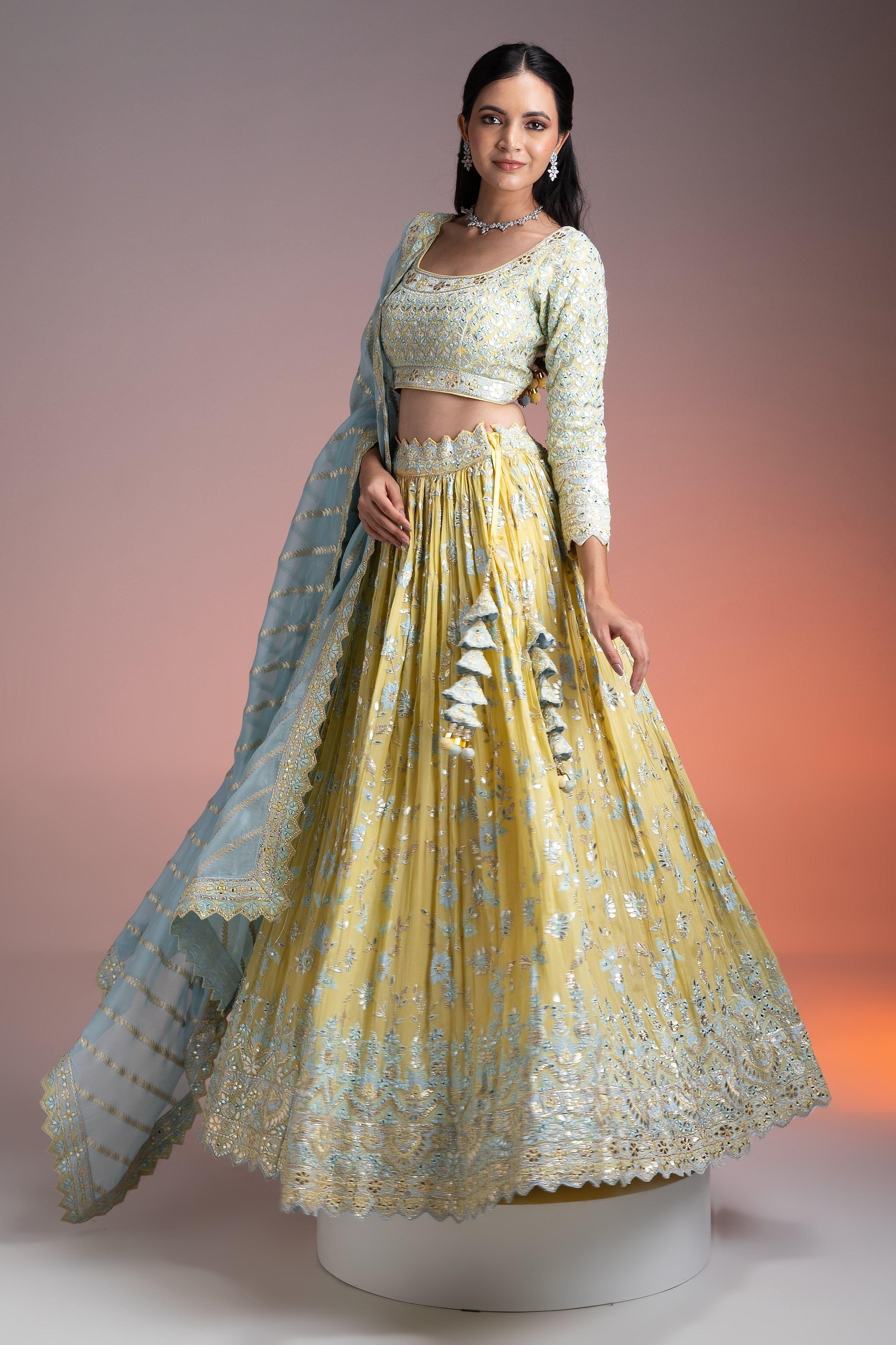 Pastel Yellow Crushed Georgette Lehenga Set With Mirror Embroidery - Mokshaa