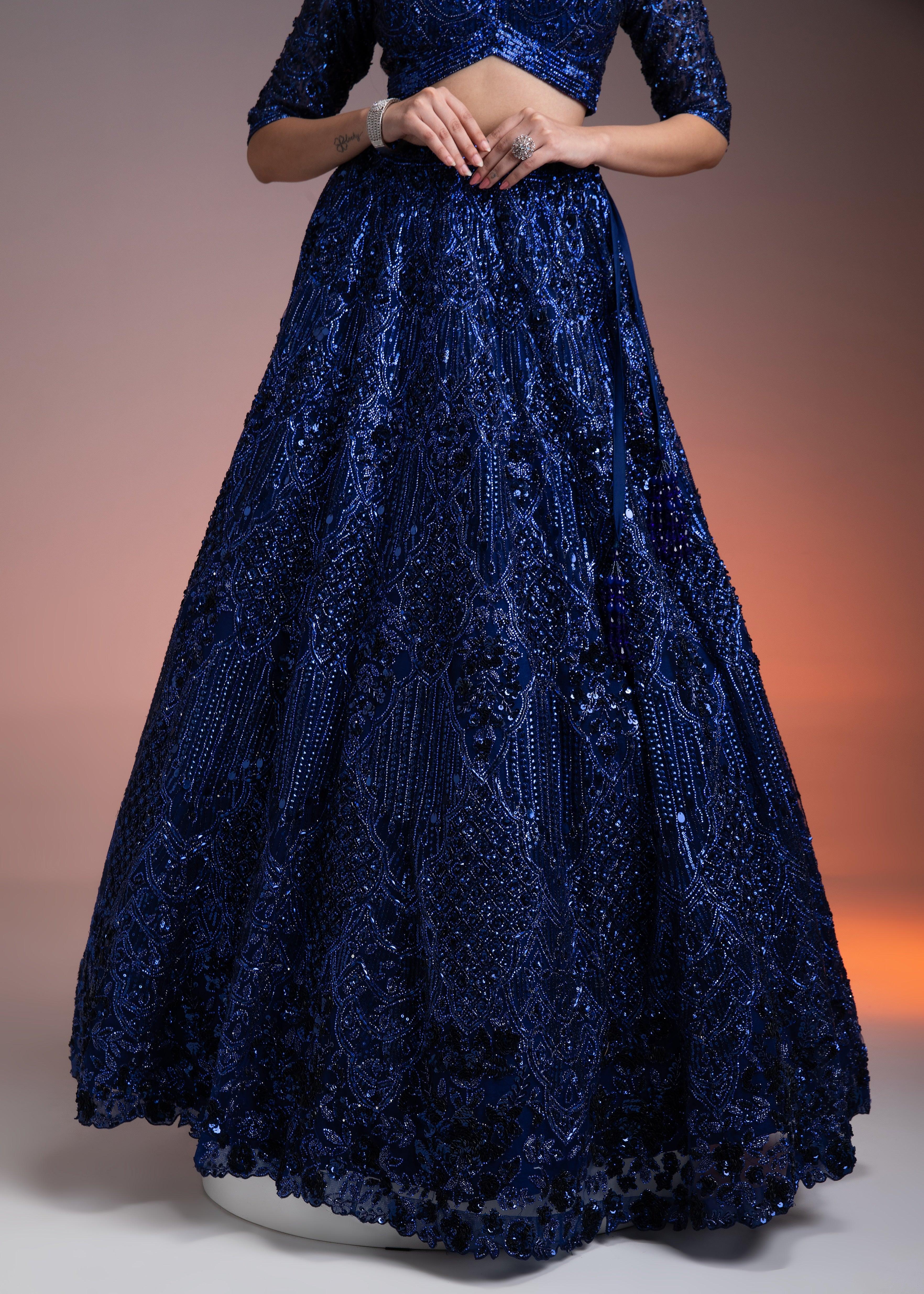 Midnight Blue Net Lehenga Set With Sequins And Beads Embroidery - Mokshaa