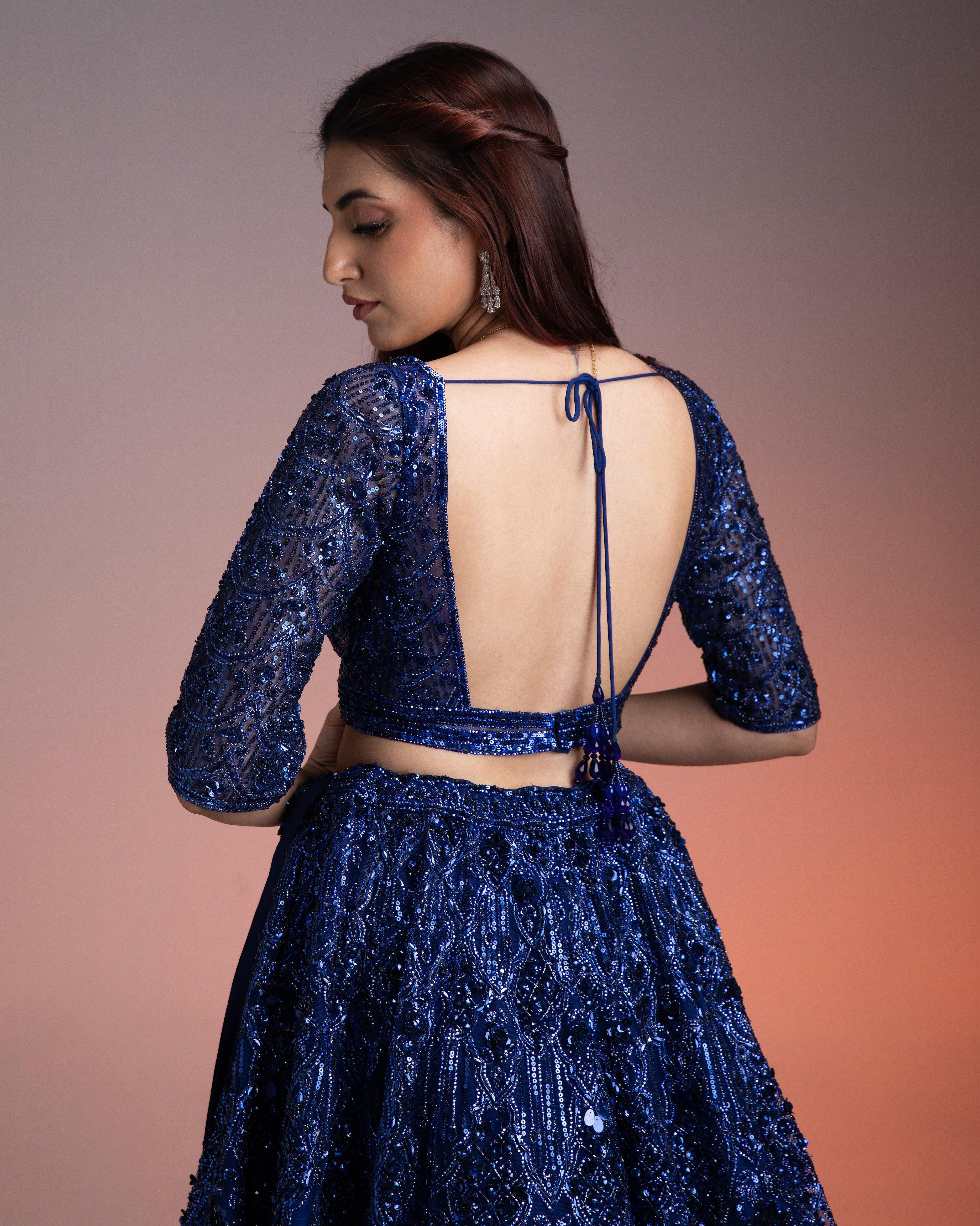 Midnight Blue Net Lehenga Set With Sequins And Beads Embroidery - Mokshaa