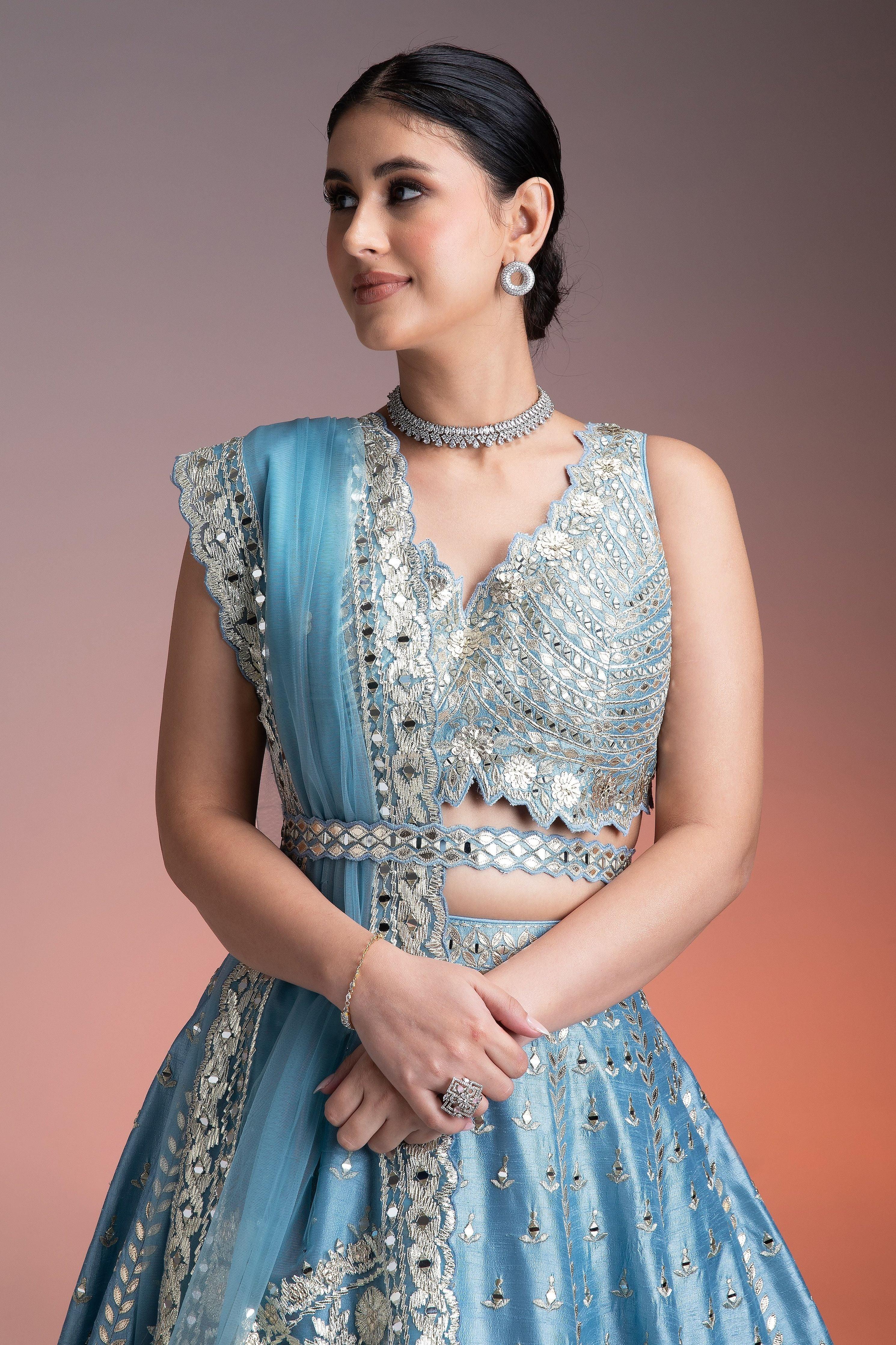Sky Blue Silk Lehenga Set With Mirror Work And Thread Embroidery - Mokshaa
