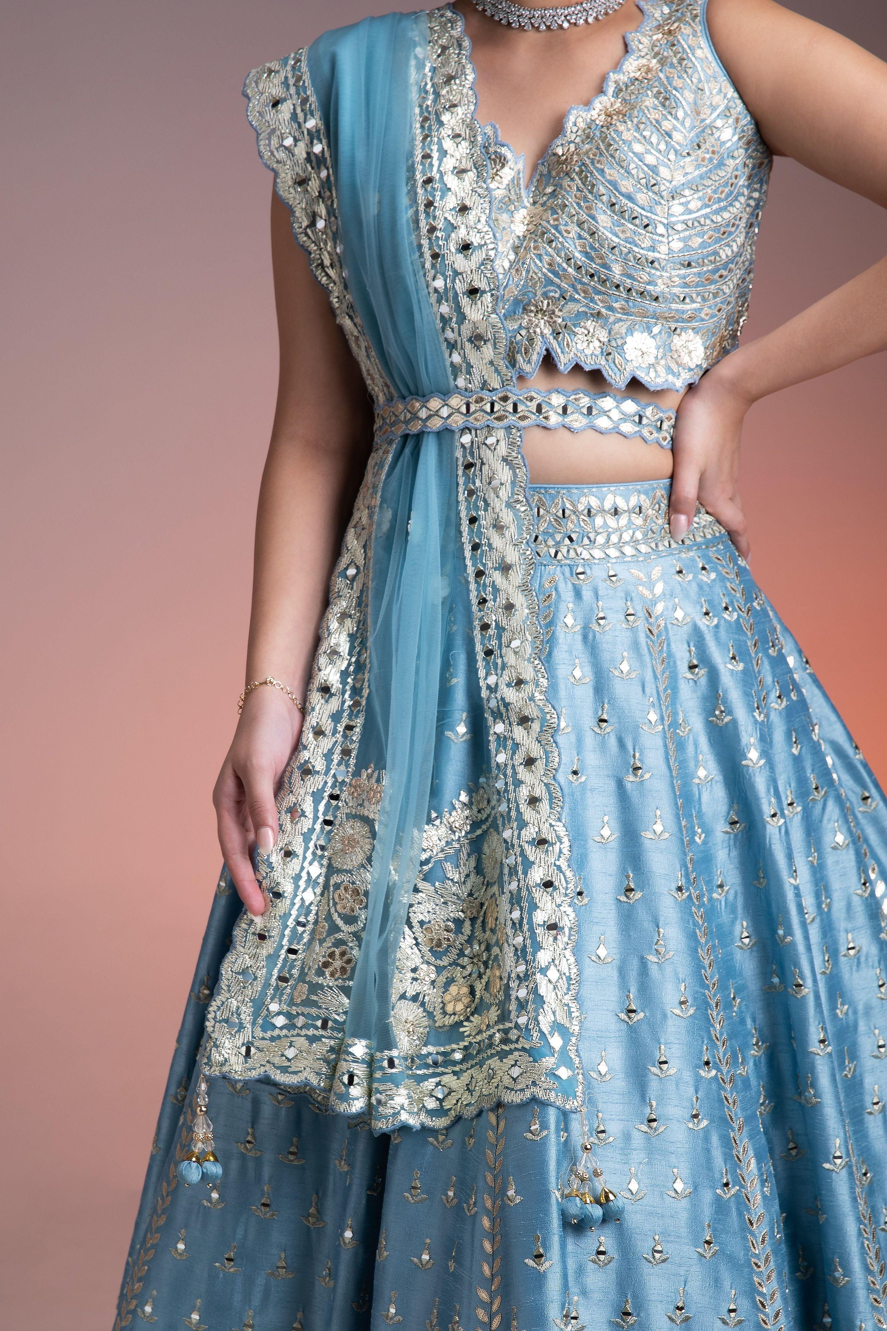 Sky Blue Silk Lehenga Set With Mirror Work And Thread Embroidery - Mokshaa