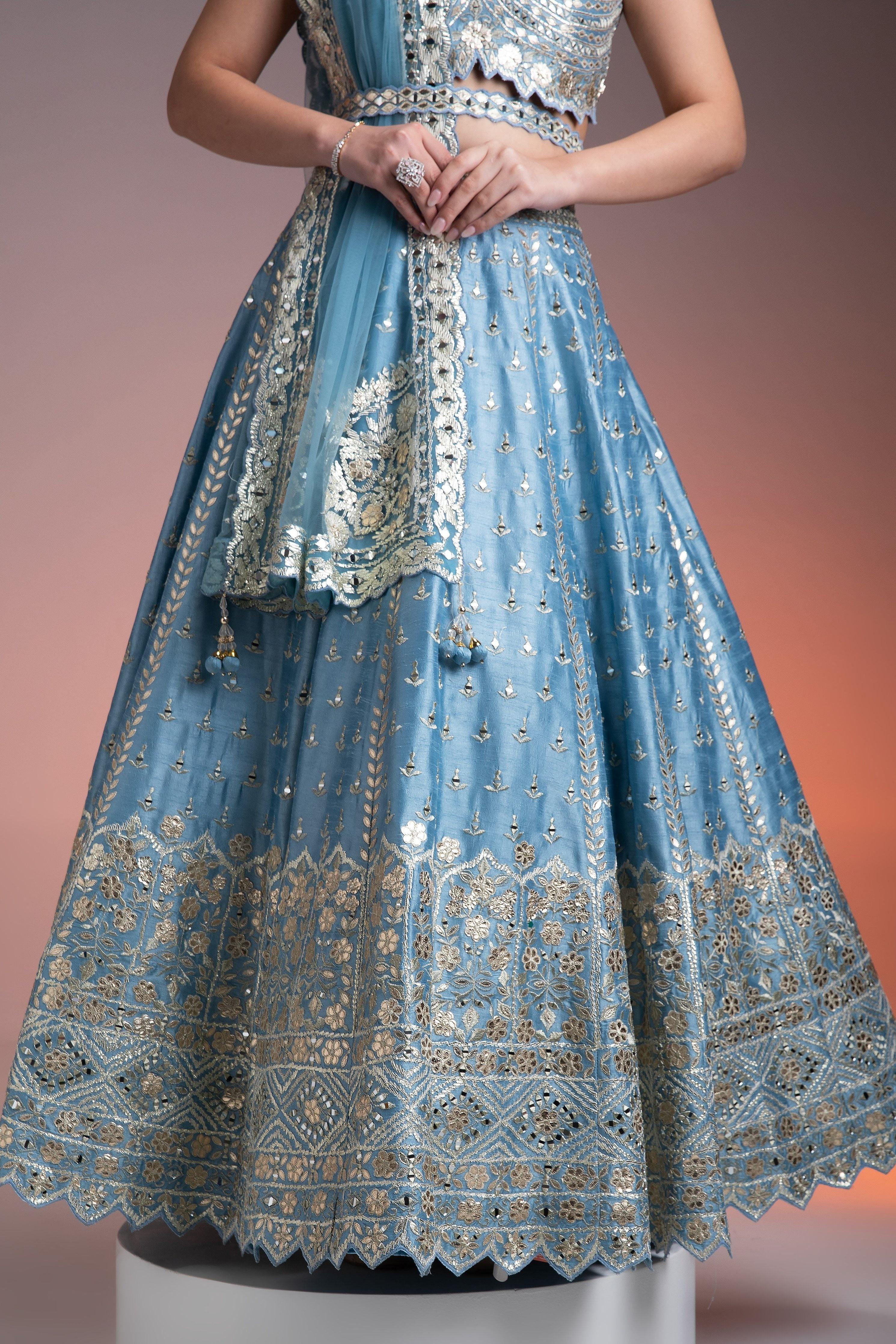 Sky Blue Silk Lehenga Set With Mirror Work And Thread Embroidery - Mokshaa