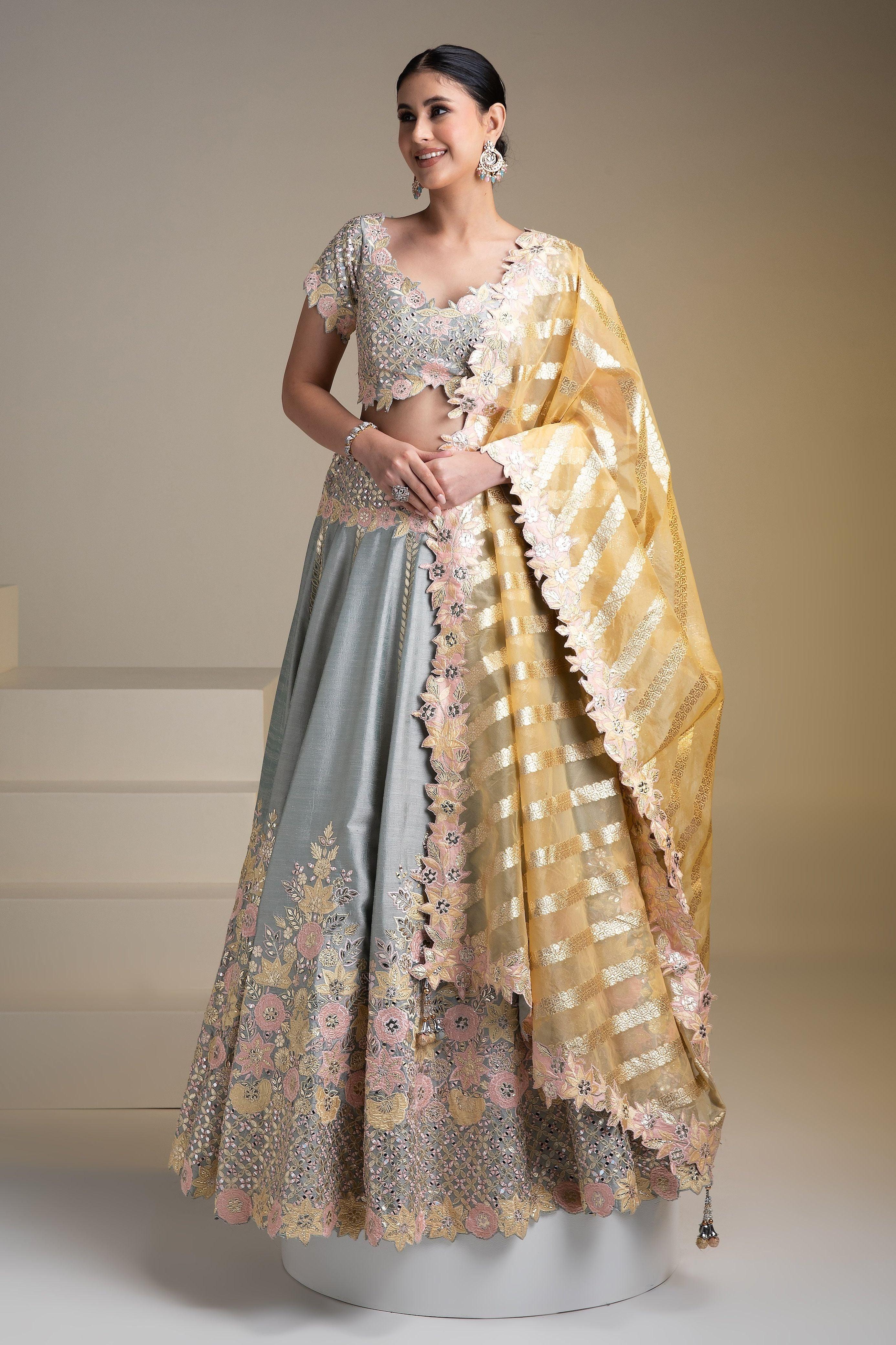 Grey Silk Lehenga With Pastel Floral Accents And Yellow Dupatta - Mokshaa