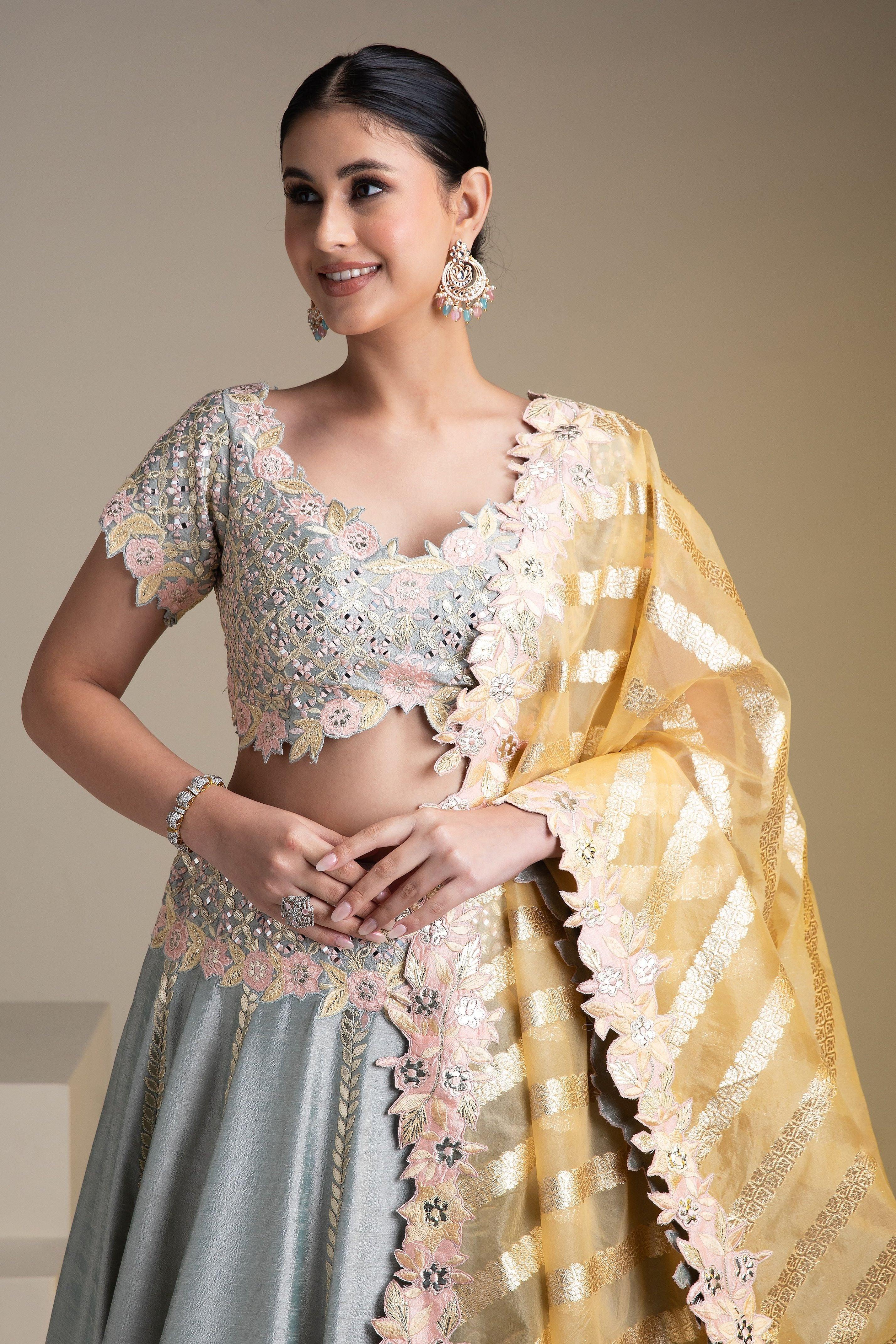 Grey Silk Lehenga With Pastel Floral Accents And Yellow Dupatta - Mokshaa