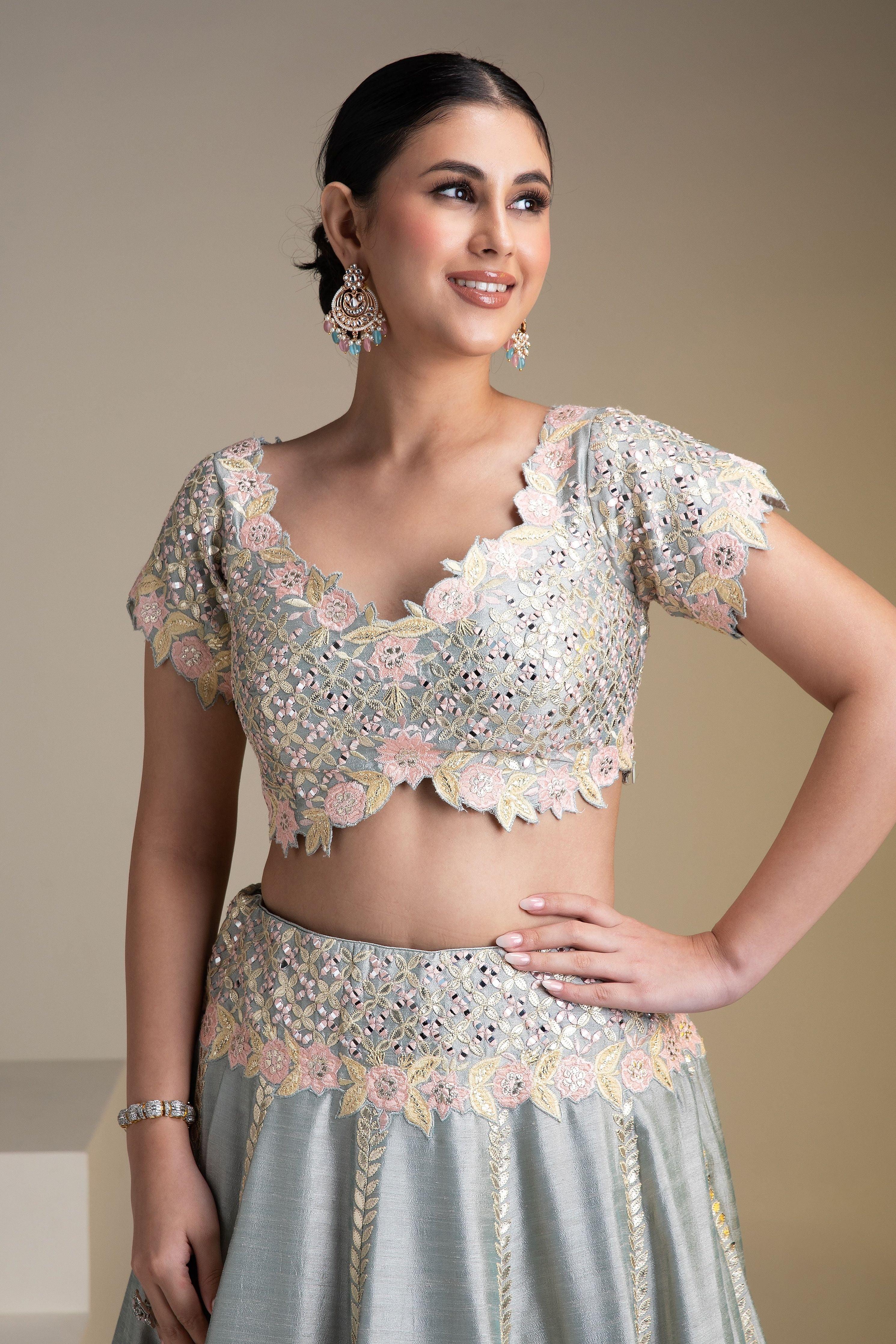 Grey Silk Lehenga With Pastel Floral Accents And Yellow Dupatta - Mokshaa