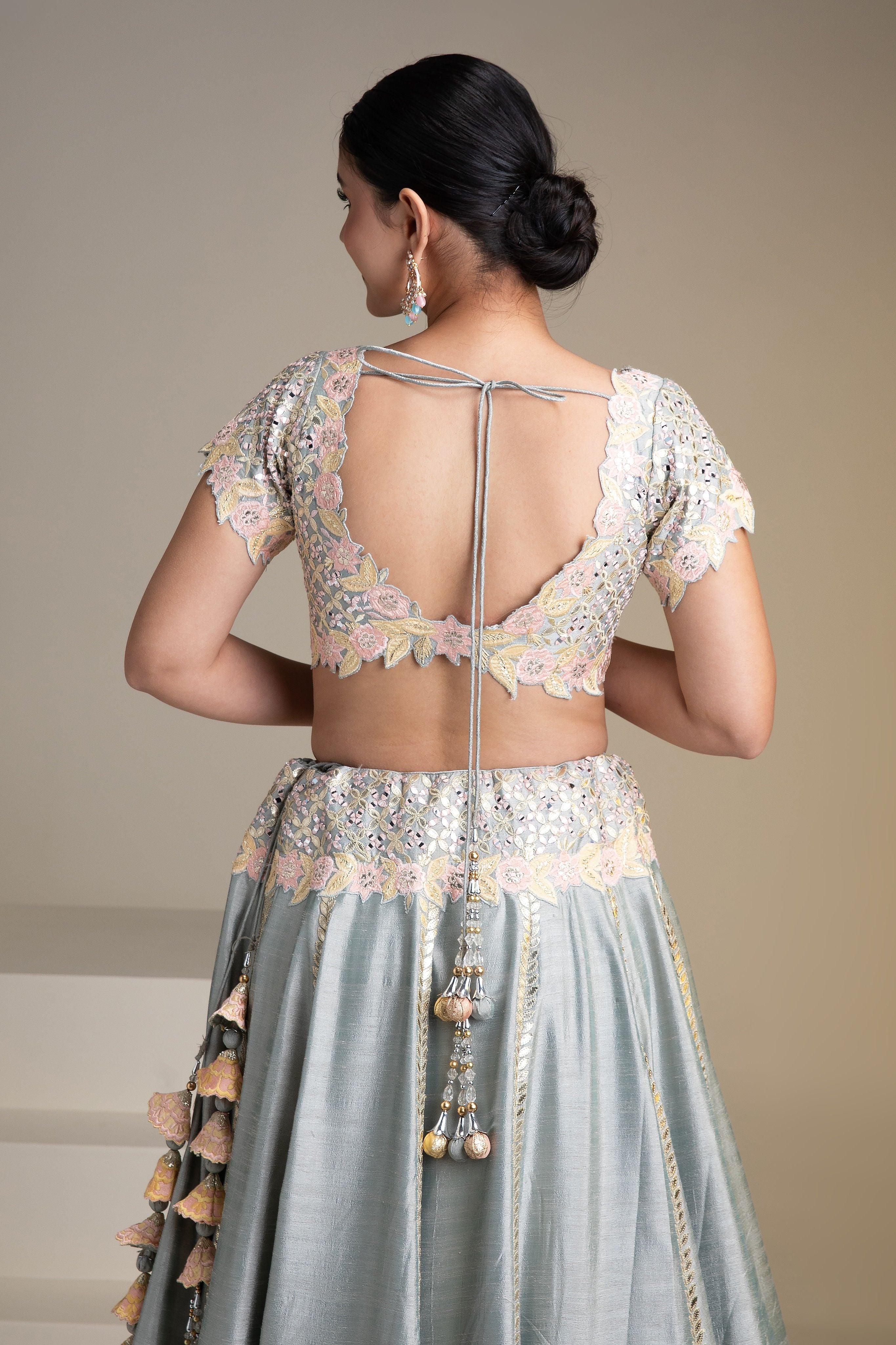 Grey Silk Lehenga With Pastel Floral Accents And Yellow Dupatta - Mokshaa