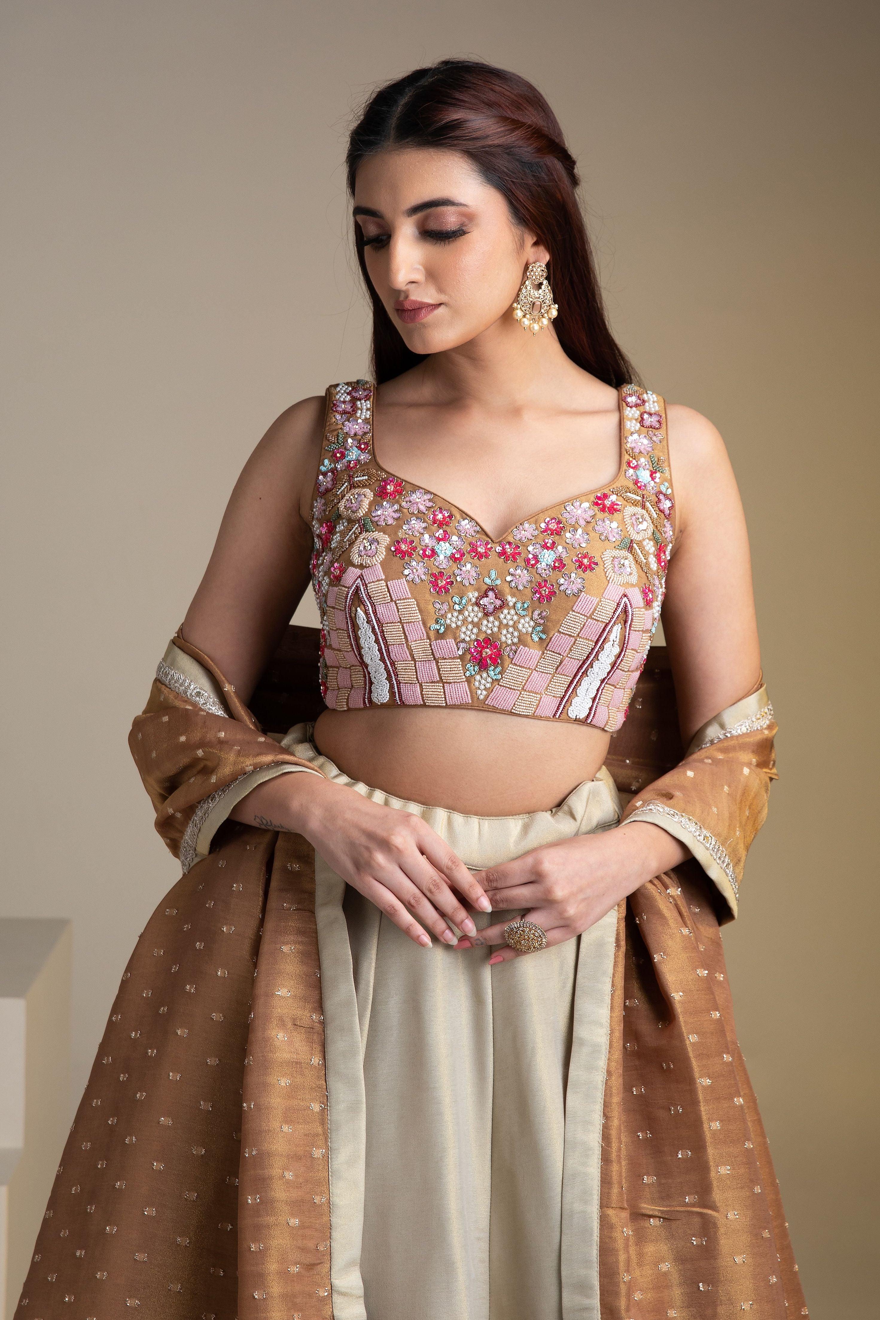 Beige And Copper Silk Lehenga Set With Intricate Floral Embroidery - Mokshaa