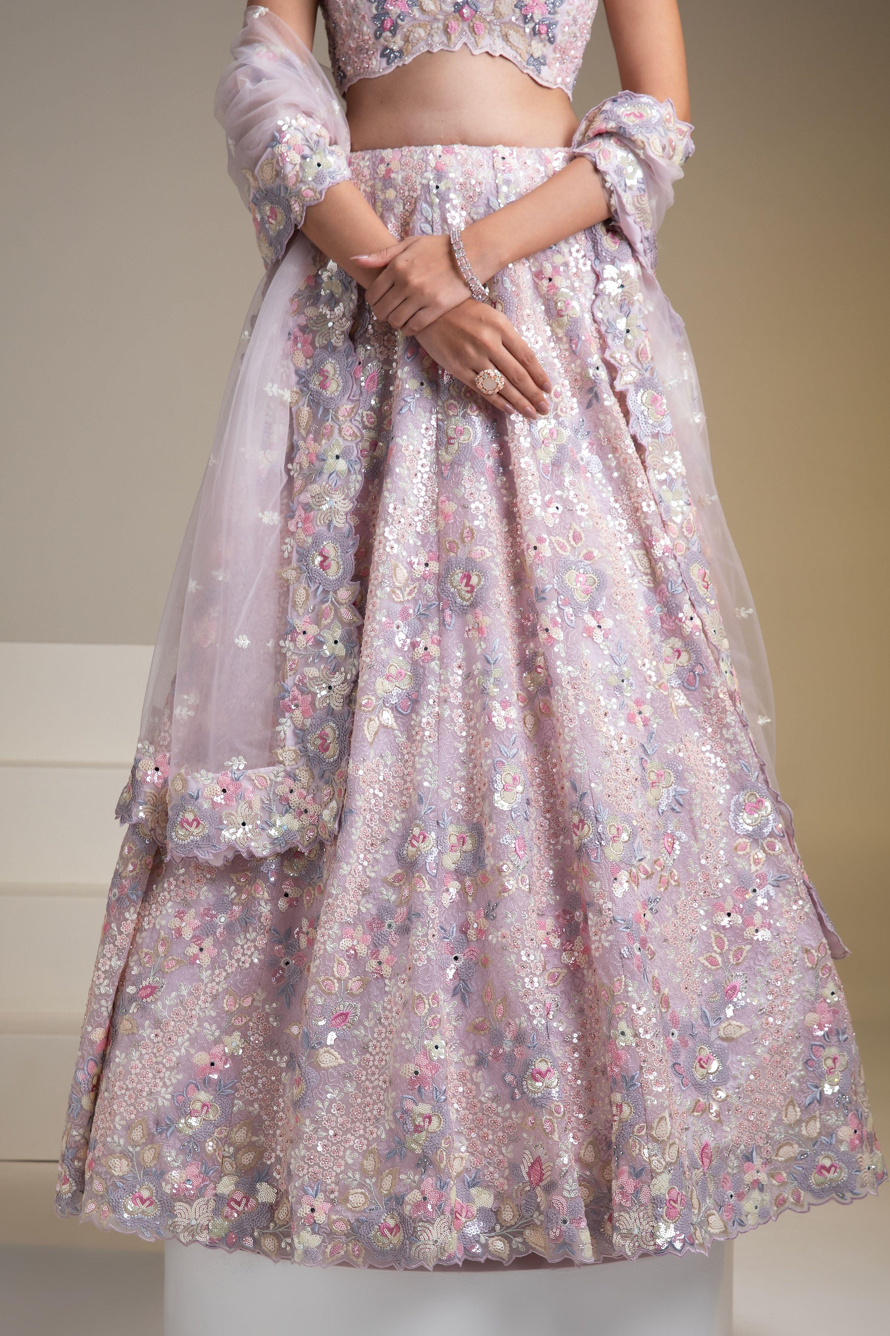Pastel Pink Net Lehenga Set With Floral Embroidery And Sequins - Mokshaa
