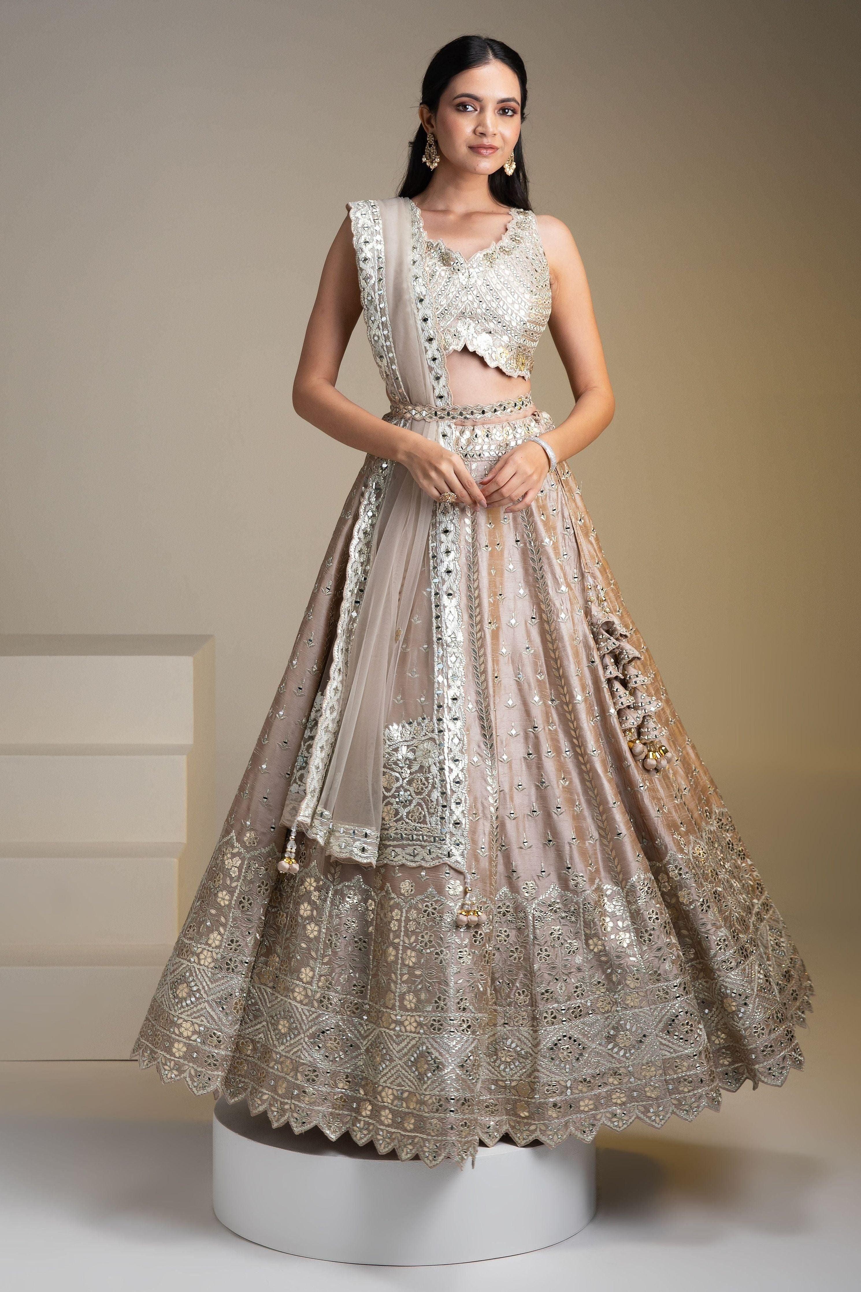 Beige Raw Silk Lehenga Set With Mirror Work - Mokshaa