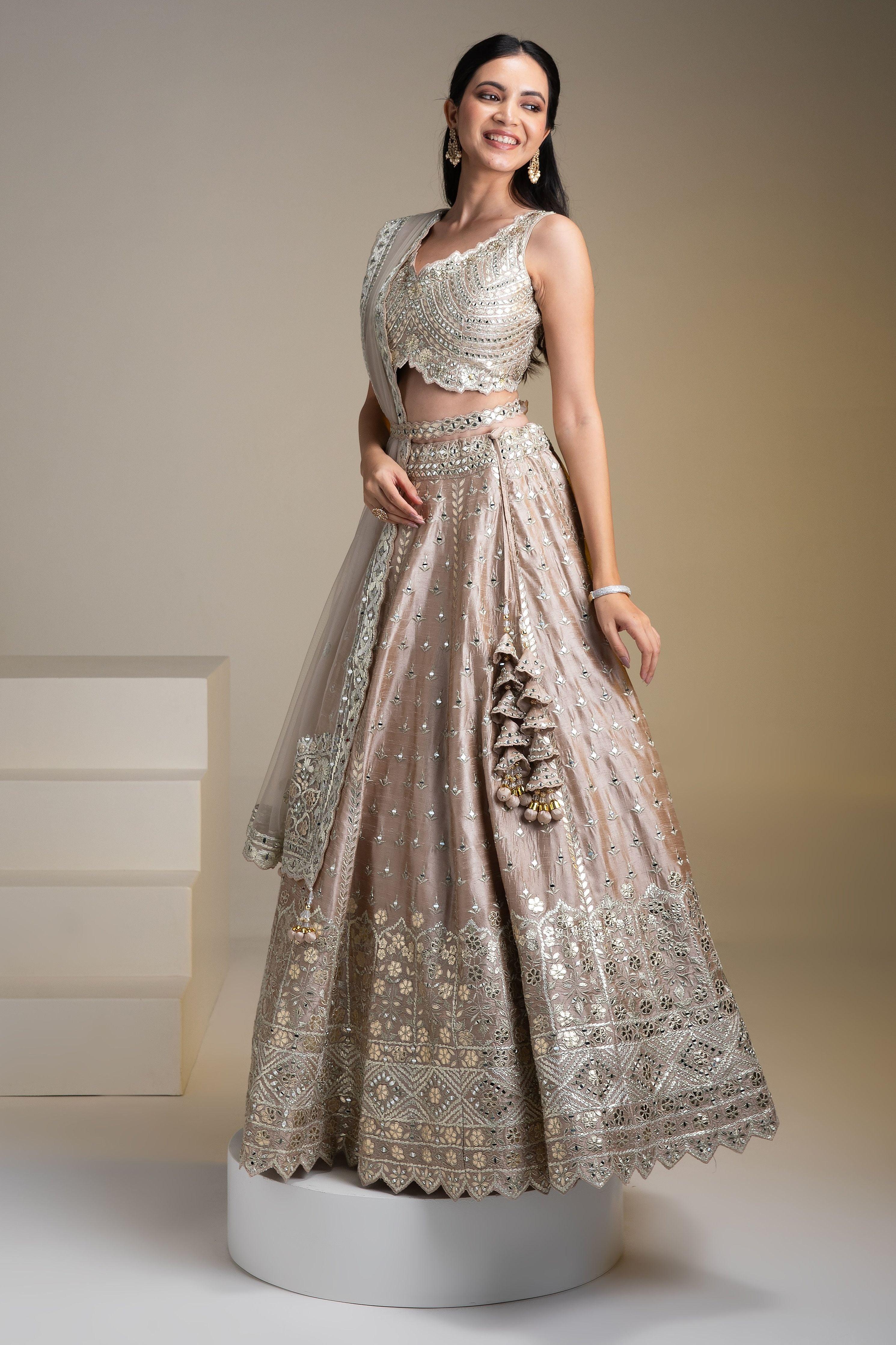 Beige Raw Silk Lehenga Set With Mirror Work - Mokshaa