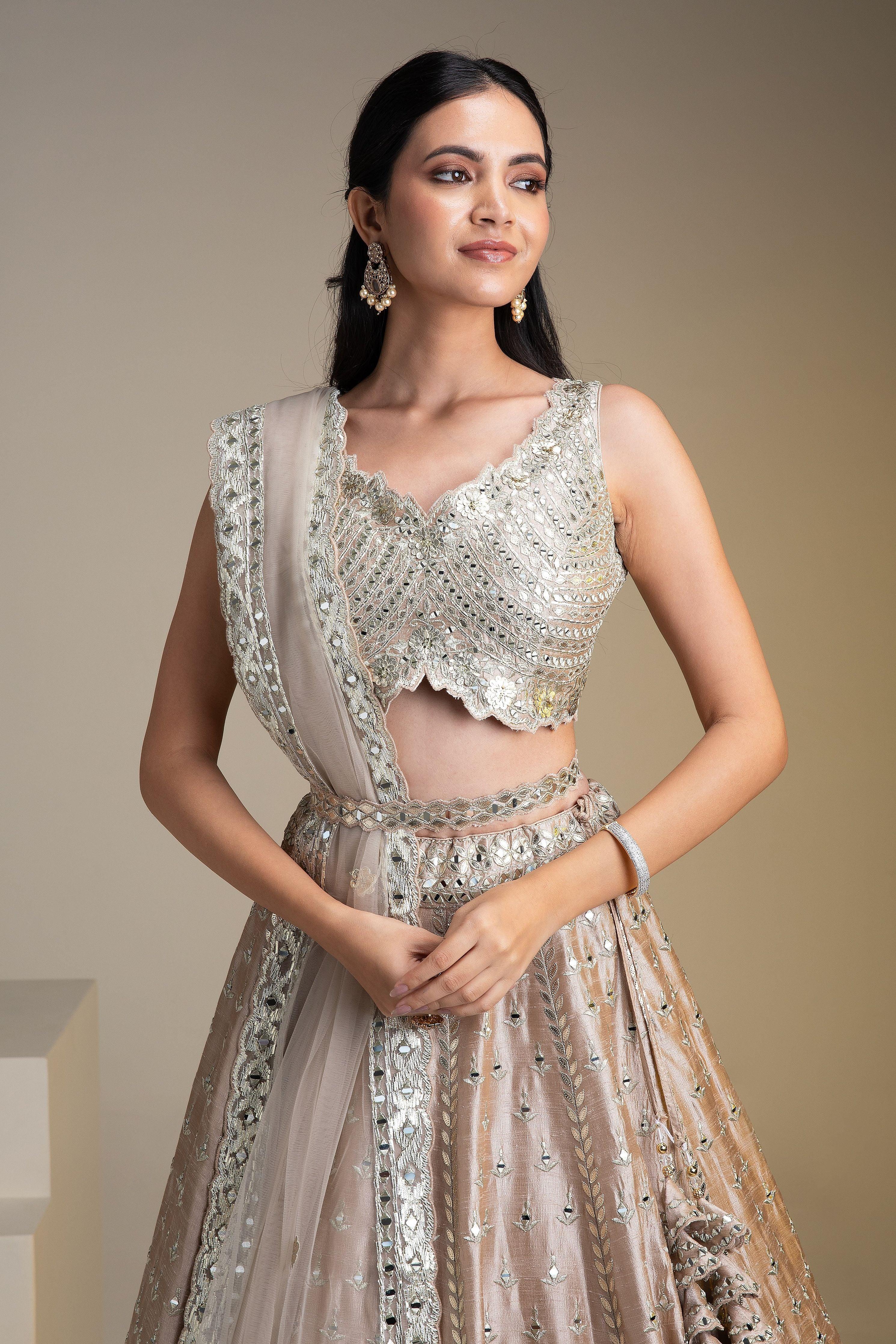 Beige Raw Silk Lehenga Set With Mirror Work - Mokshaa