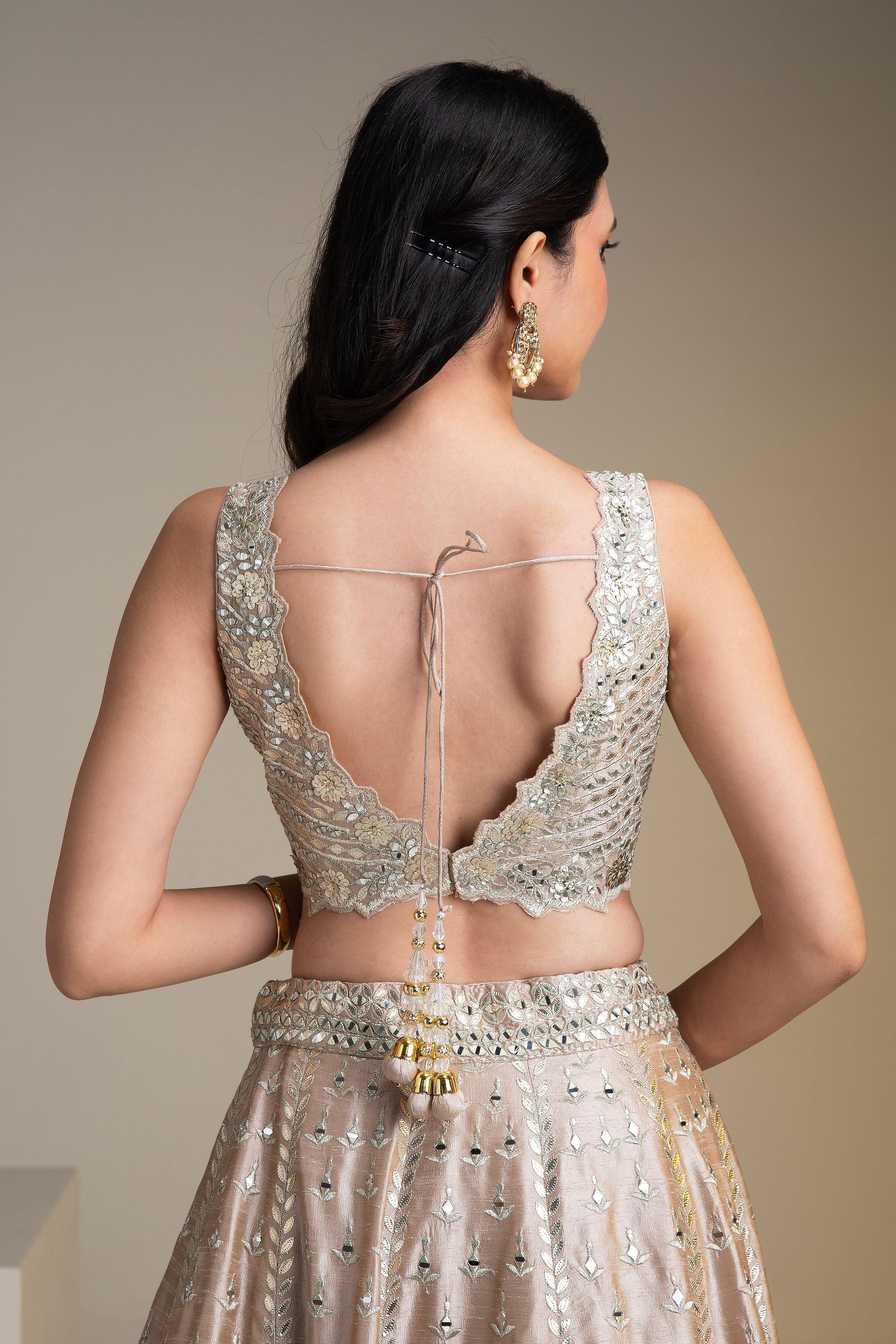 Beige Raw Silk Lehenga Set With Mirror Work - Mokshaa