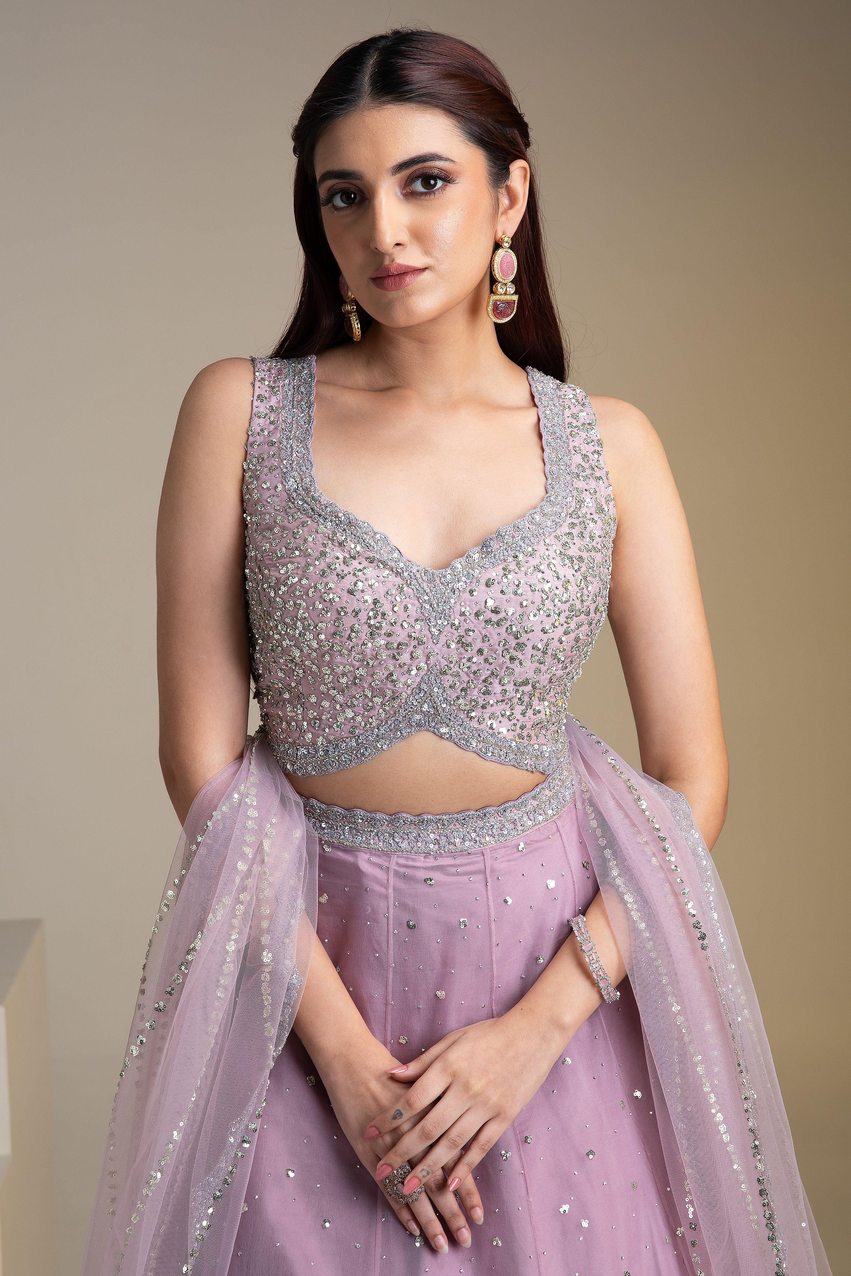 Mauve Organza Lehenga Set With Sequins And Delicate Embroidery - Mokshaa