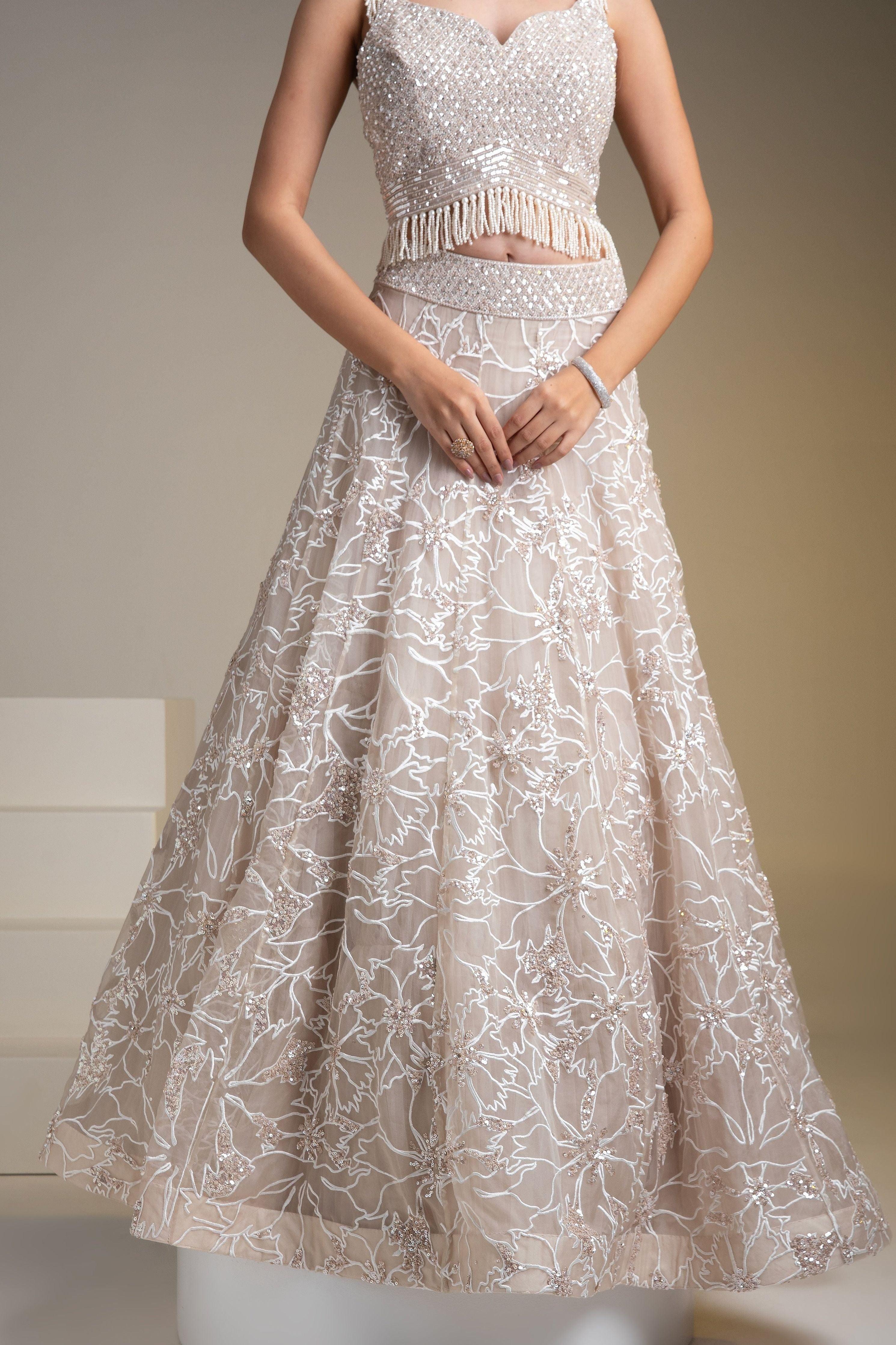 Ivory Organza Lehenga Set With Floral Embroidery And Sequins - Mokshaa