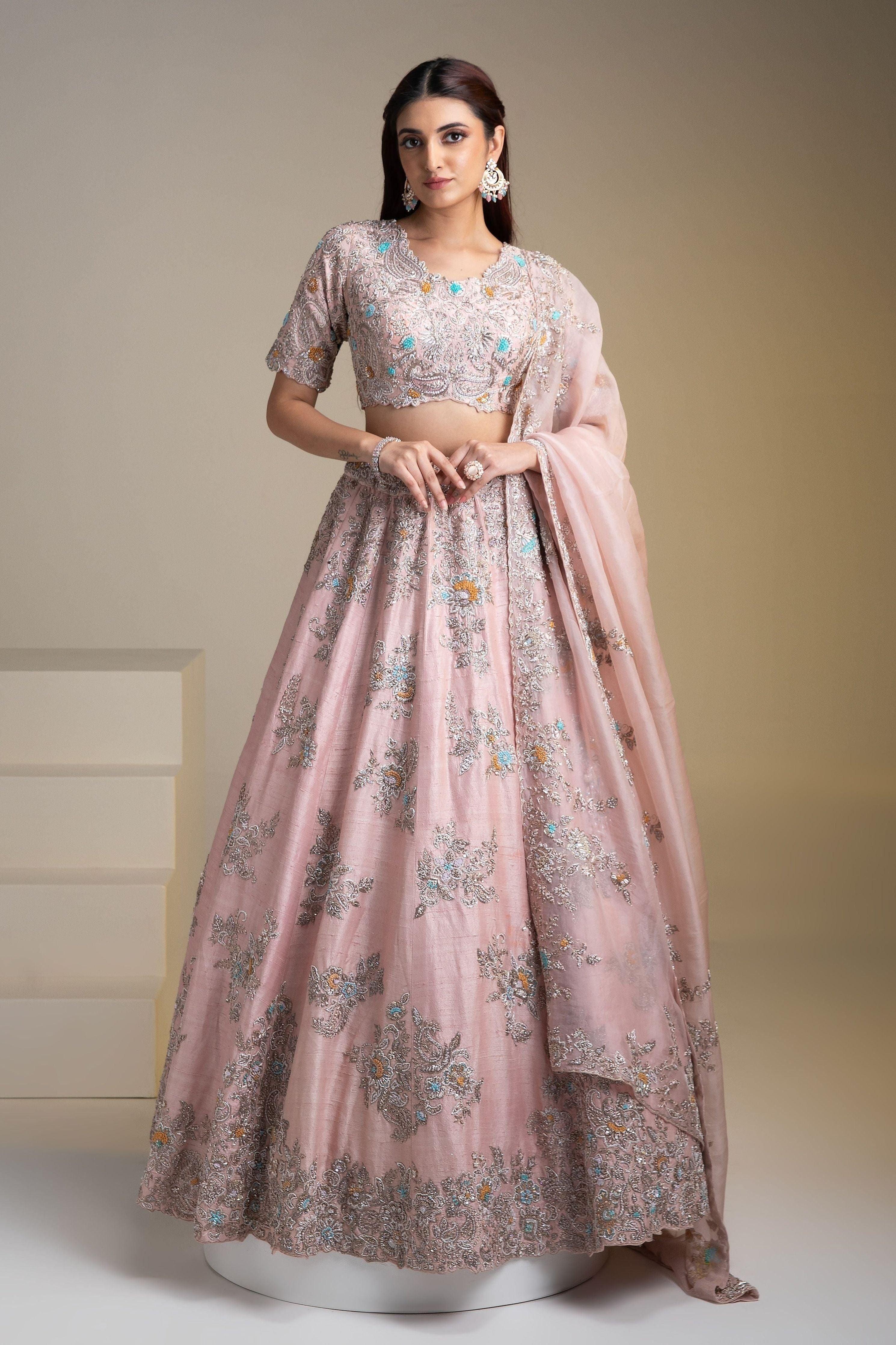 Dusty Pink Raw Silk Lehenga Set With Floral Embroidery - Mokshaa