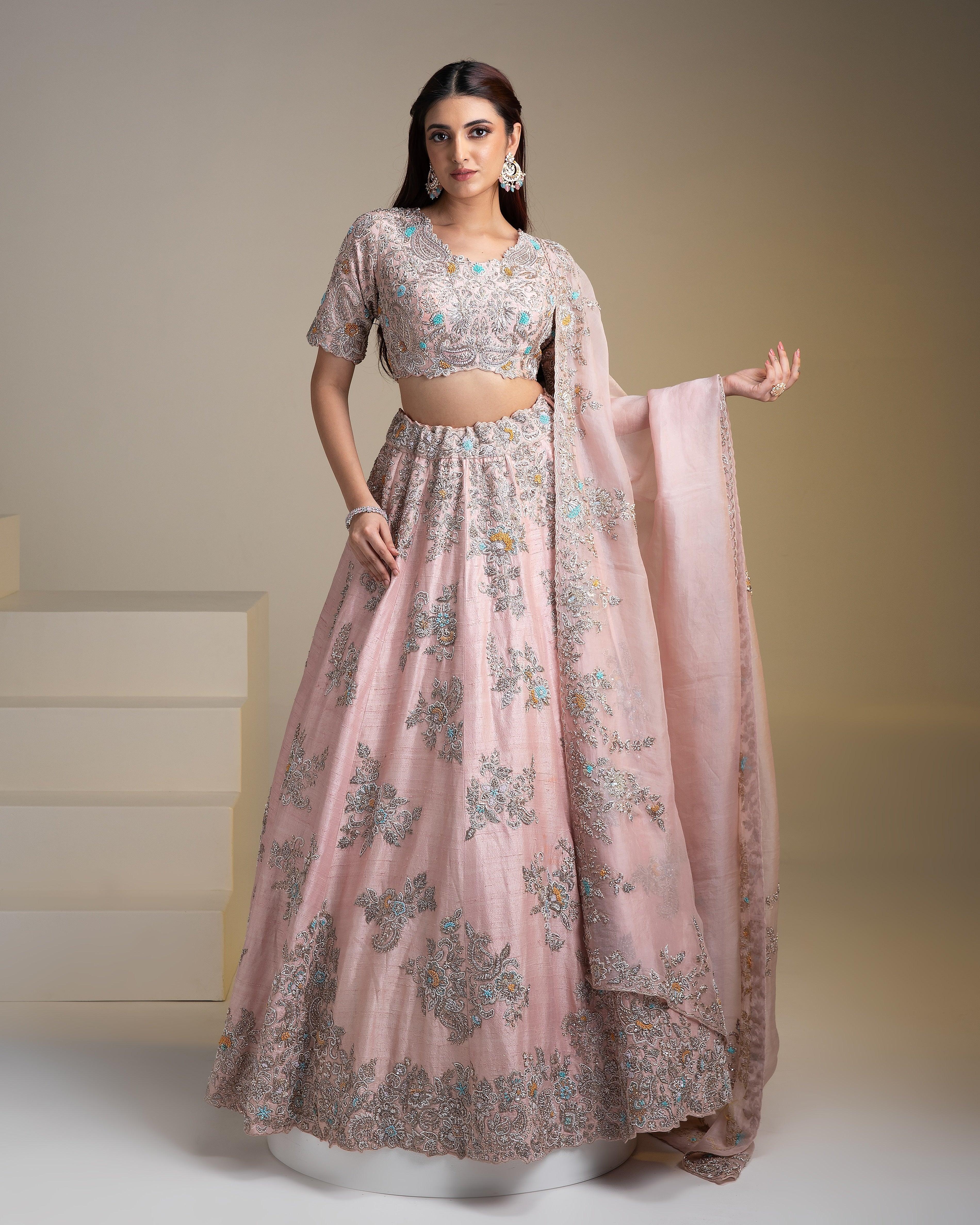 Dusty Pink Raw Silk Lehenga Set With Floral Embroidery - Mokshaa