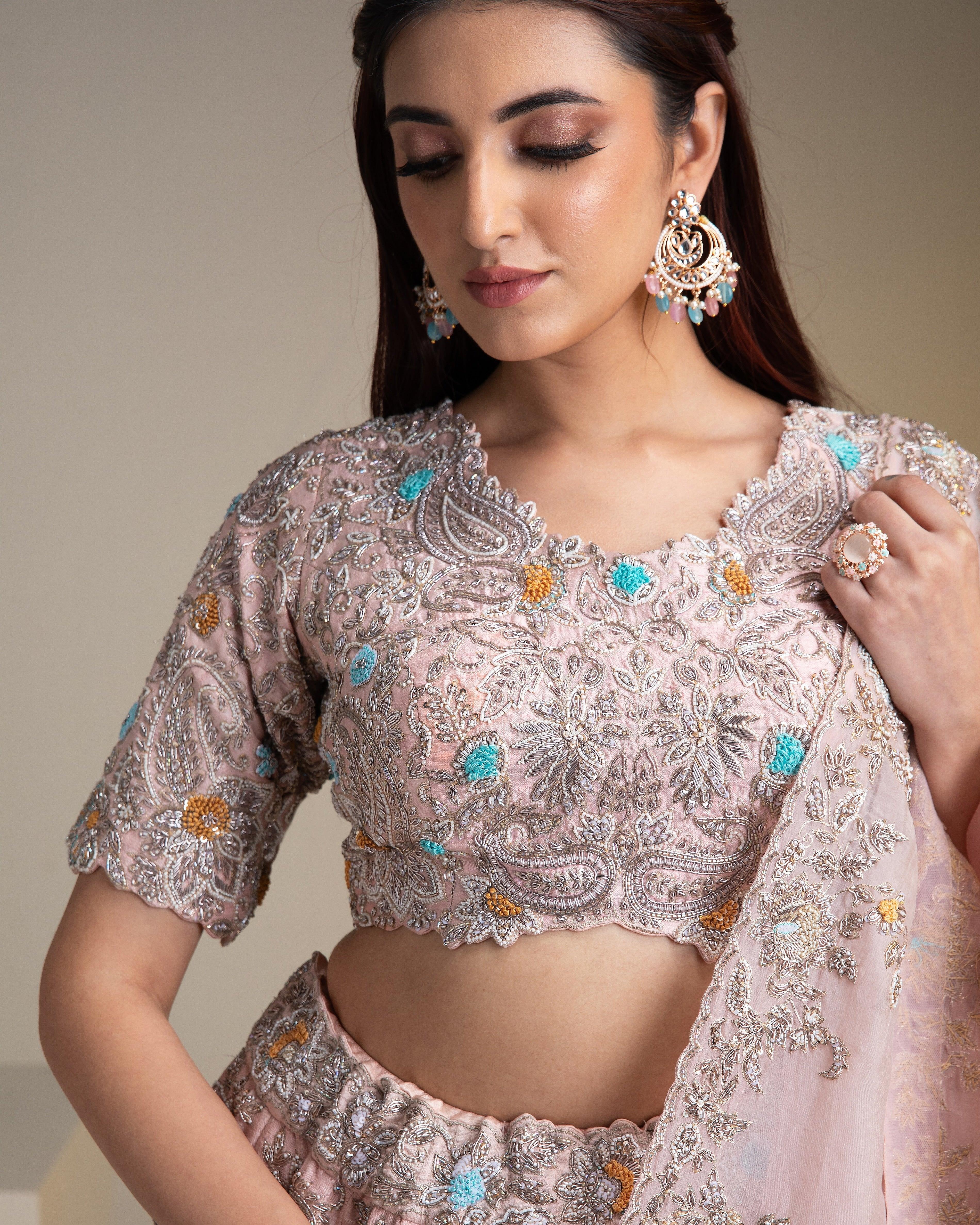 Dusty Pink Raw Silk Lehenga Set With Floral Embroidery - Mokshaa