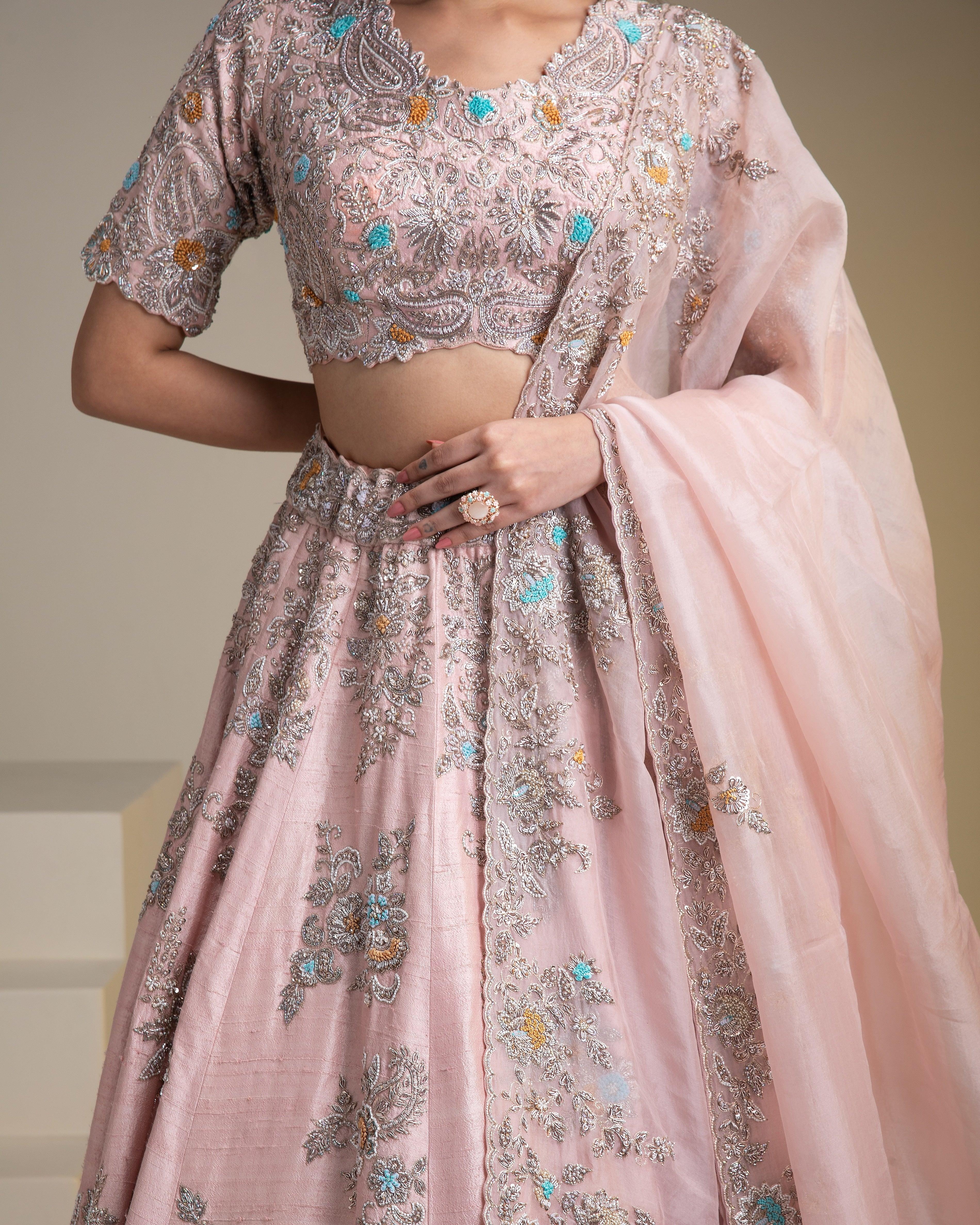 Dusty Pink Raw Silk Lehenga Set With Floral Embroidery - Mokshaa