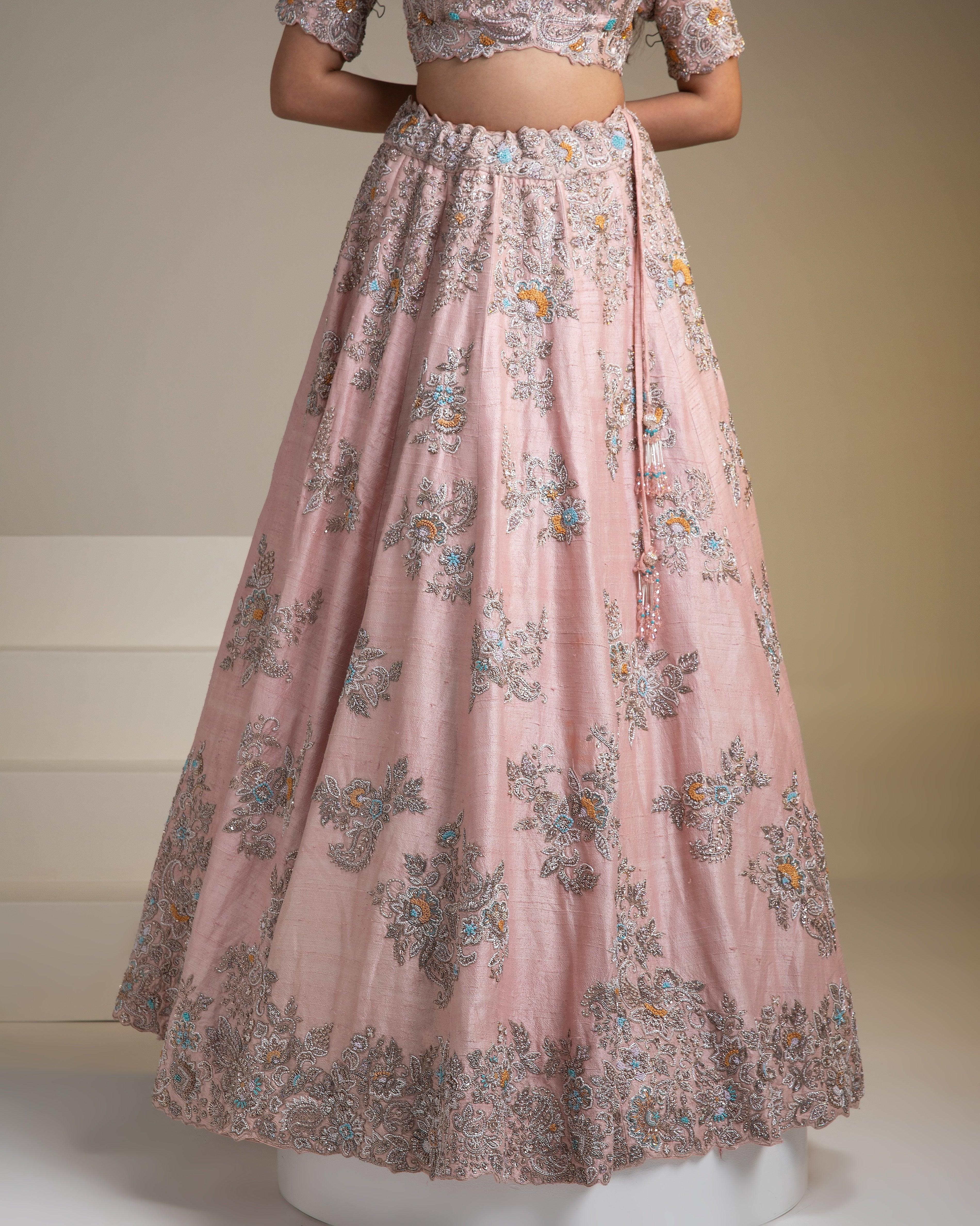 Dusty Pink Raw Silk Lehenga Set With Floral Embroidery - Mokshaa