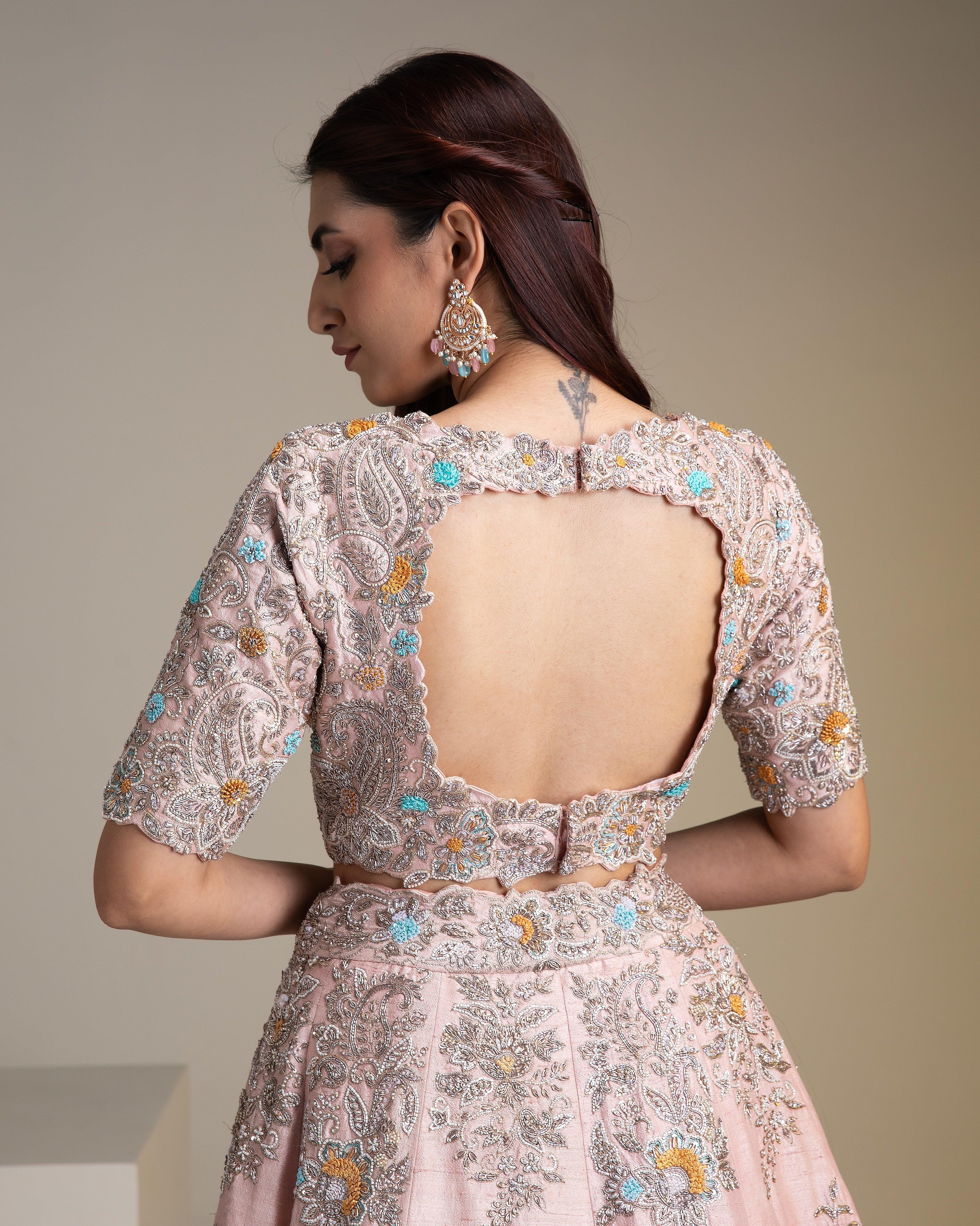 Dusty Pink Raw Silk Lehenga Set With Floral Embroidery - Mokshaa
