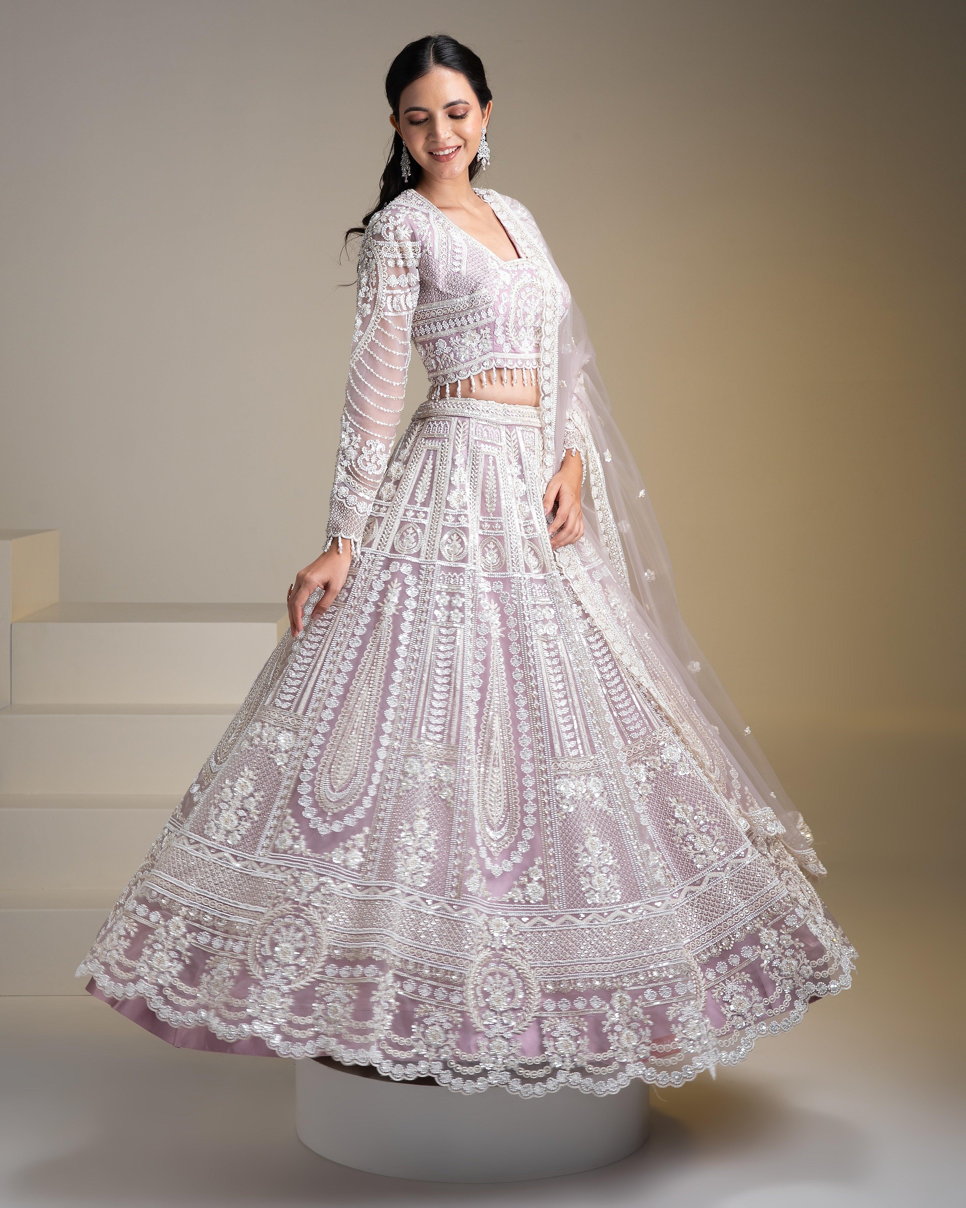 Lavender Net Lehenga Set With Chikankari Embroidery - Mokshaa