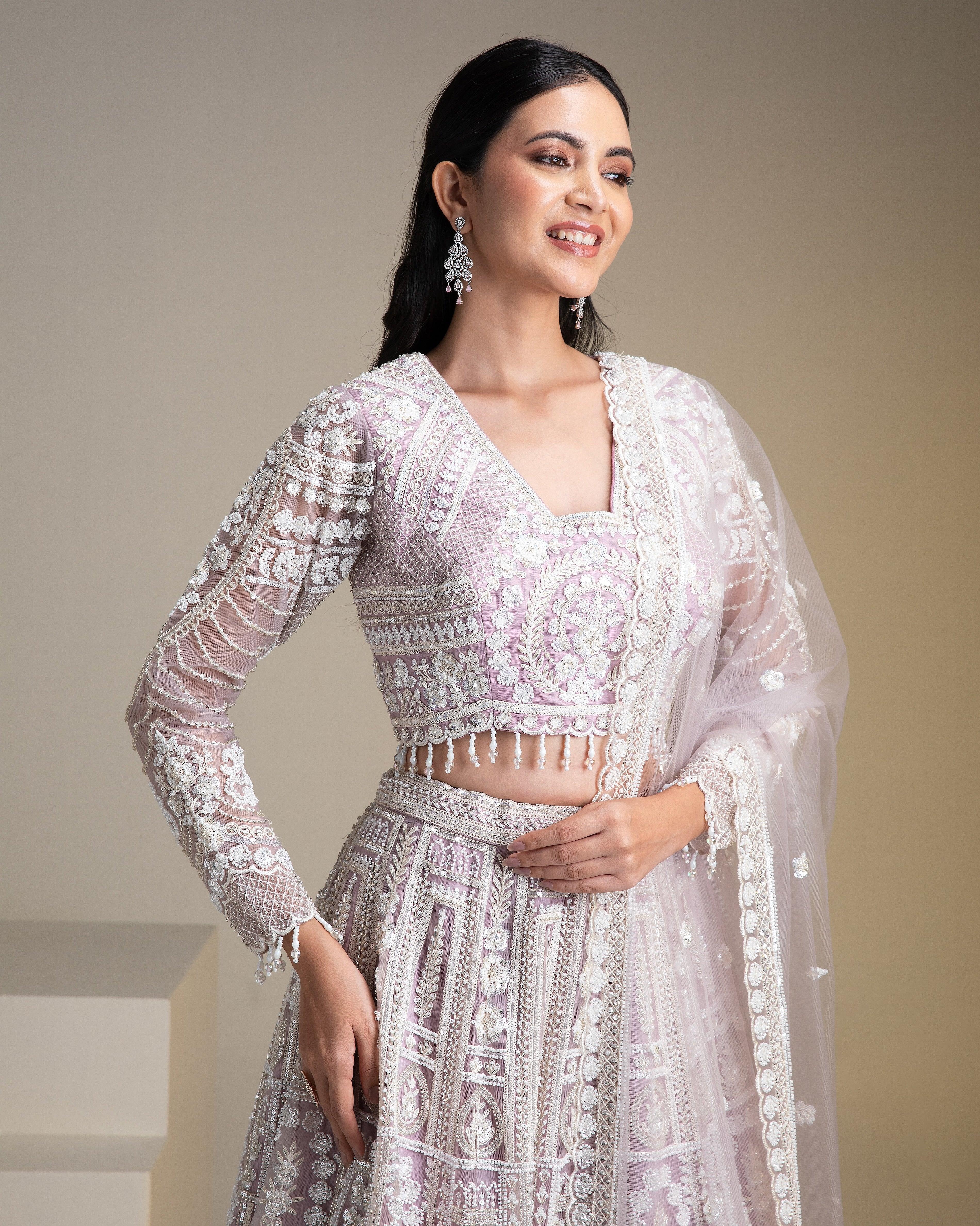 Lavender Net Lehenga Set With Chikankari Embroidery - Mokshaa