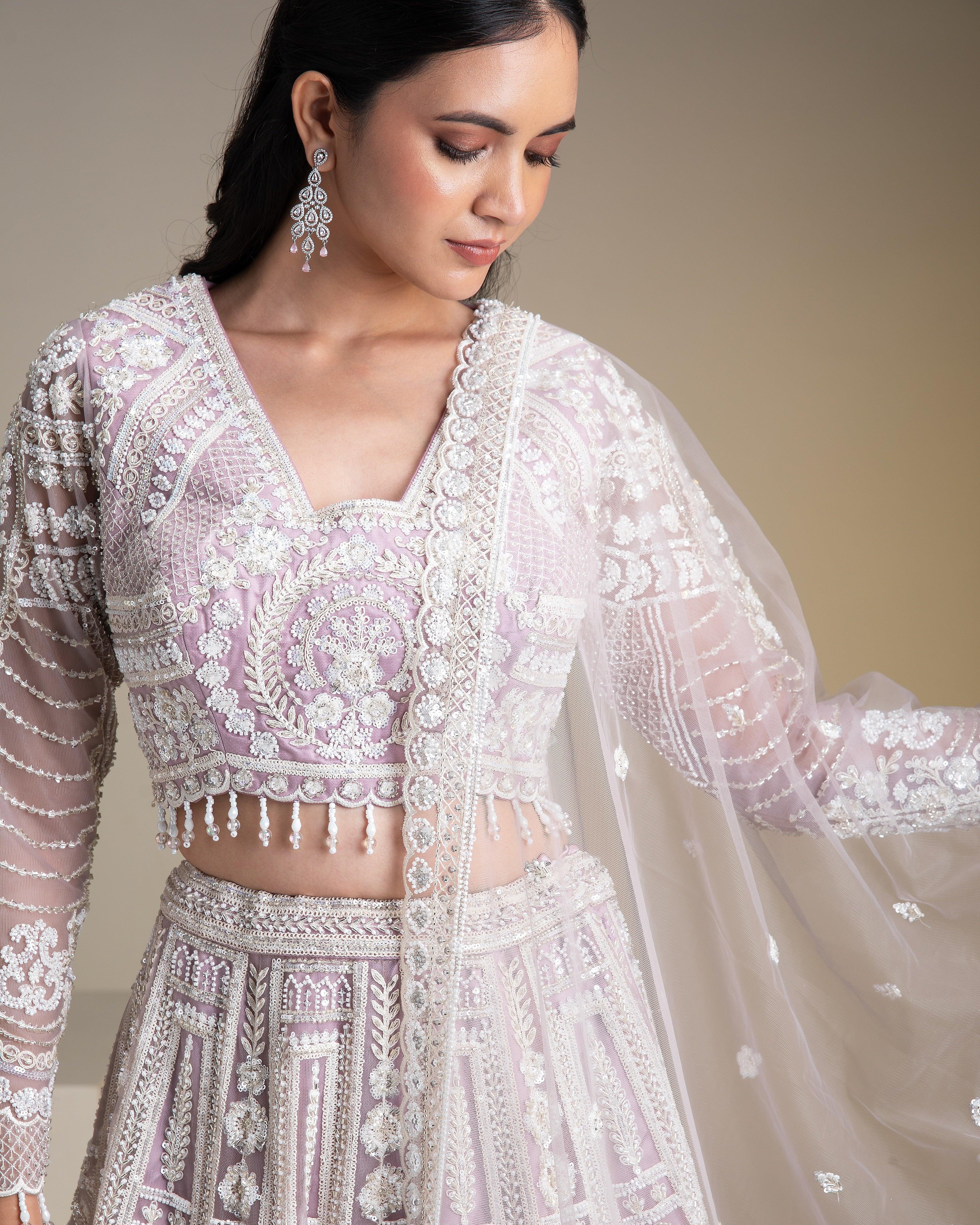 Lavender Net Lehenga Set With Chikankari Embroidery - Mokshaa